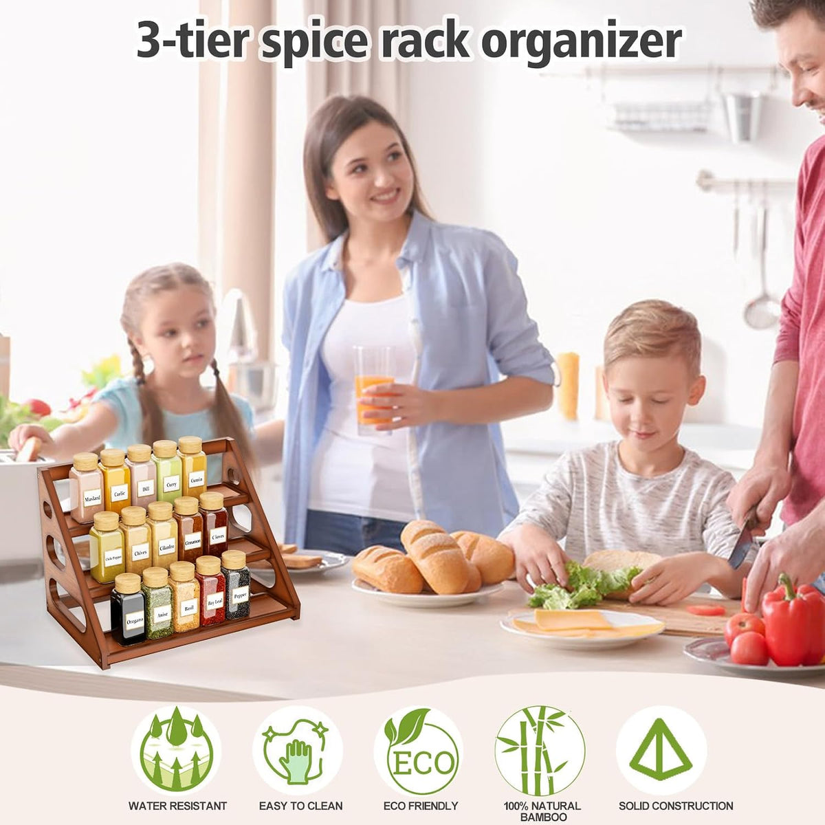Spice Rack - Tiered Spice Rack Organization for Cabinet - 3 Tier Bamboo Display Spice Shelf for Countertop