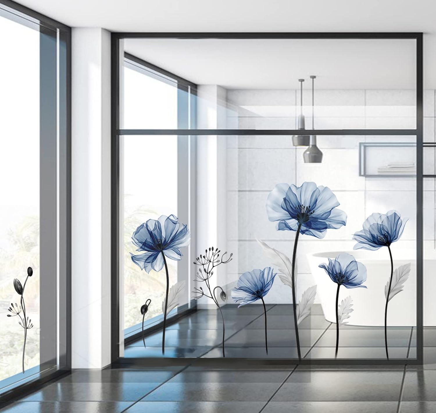 Large Flower Wall Decals Floral Plants Wall Stickers Bedroom Living Room Kitchen Wall Decor / Blue
