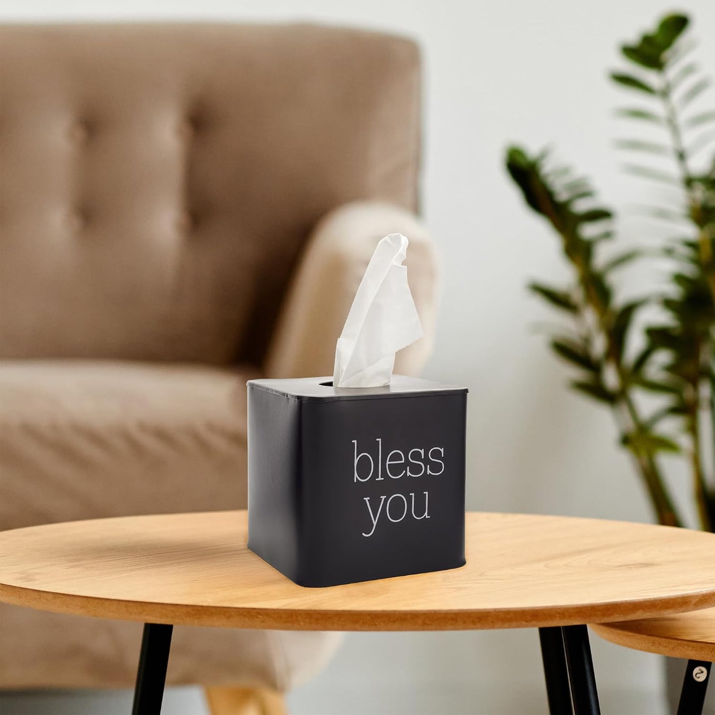 Modern Farmhouse Enamelware Tissue Holder / Black with "bless You