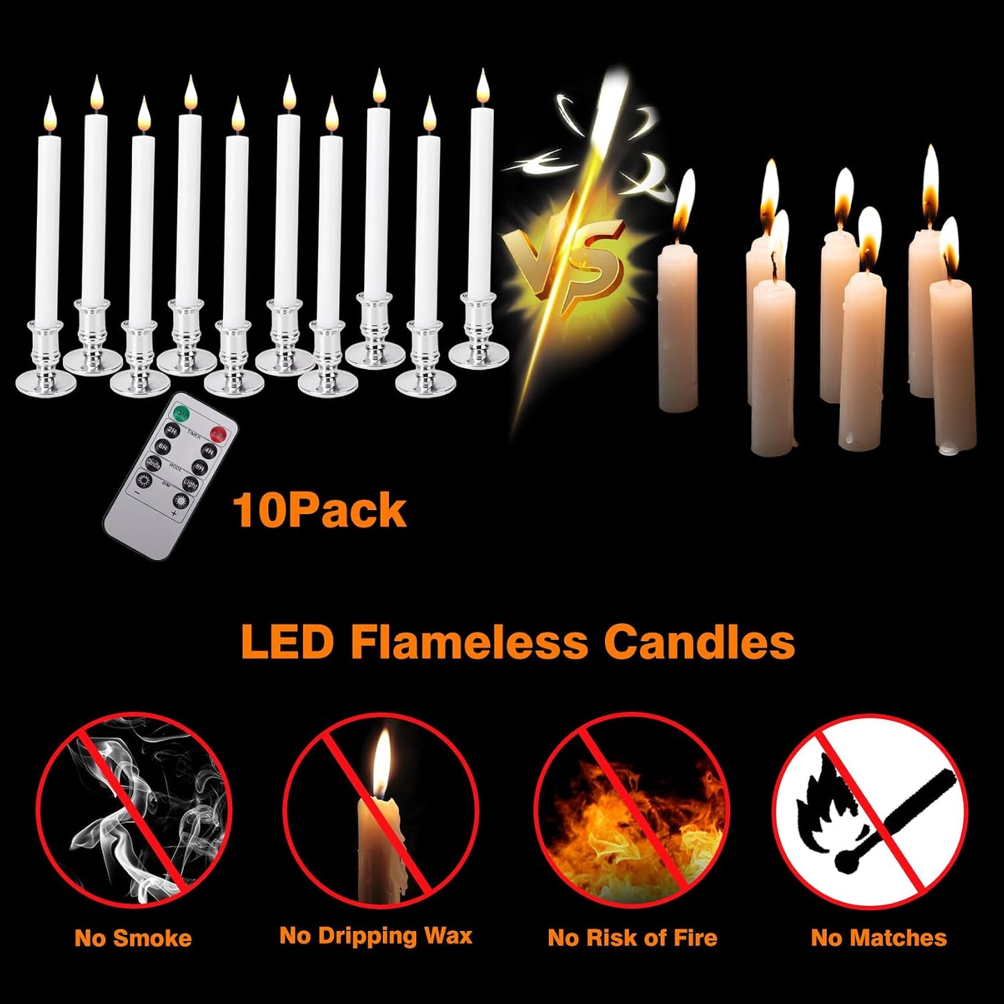 LED Flameless Window Candles with Remote Timer 10 PCS Battery Operated Flickering Taper Candle Lights with Removable