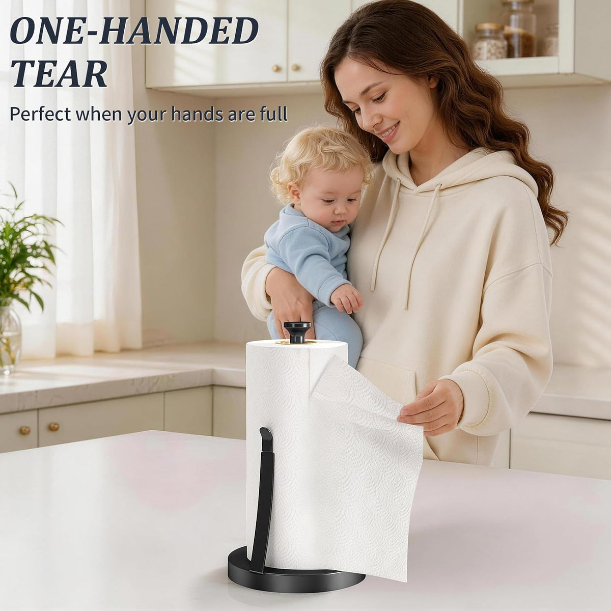 Jesginboo Countertop Paper Towel Holder for Kitchen, Black Tension Arm | One-Handed Tear, Stainless Steel Paper Towel