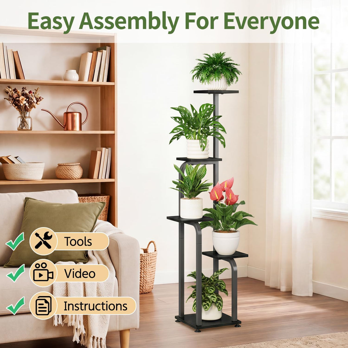 LASZOLA Plant Stand Shelf Tall for Indoor Corner Flower Rack, 5 Tier Black | Modern Multiple Display with Wooden Tray