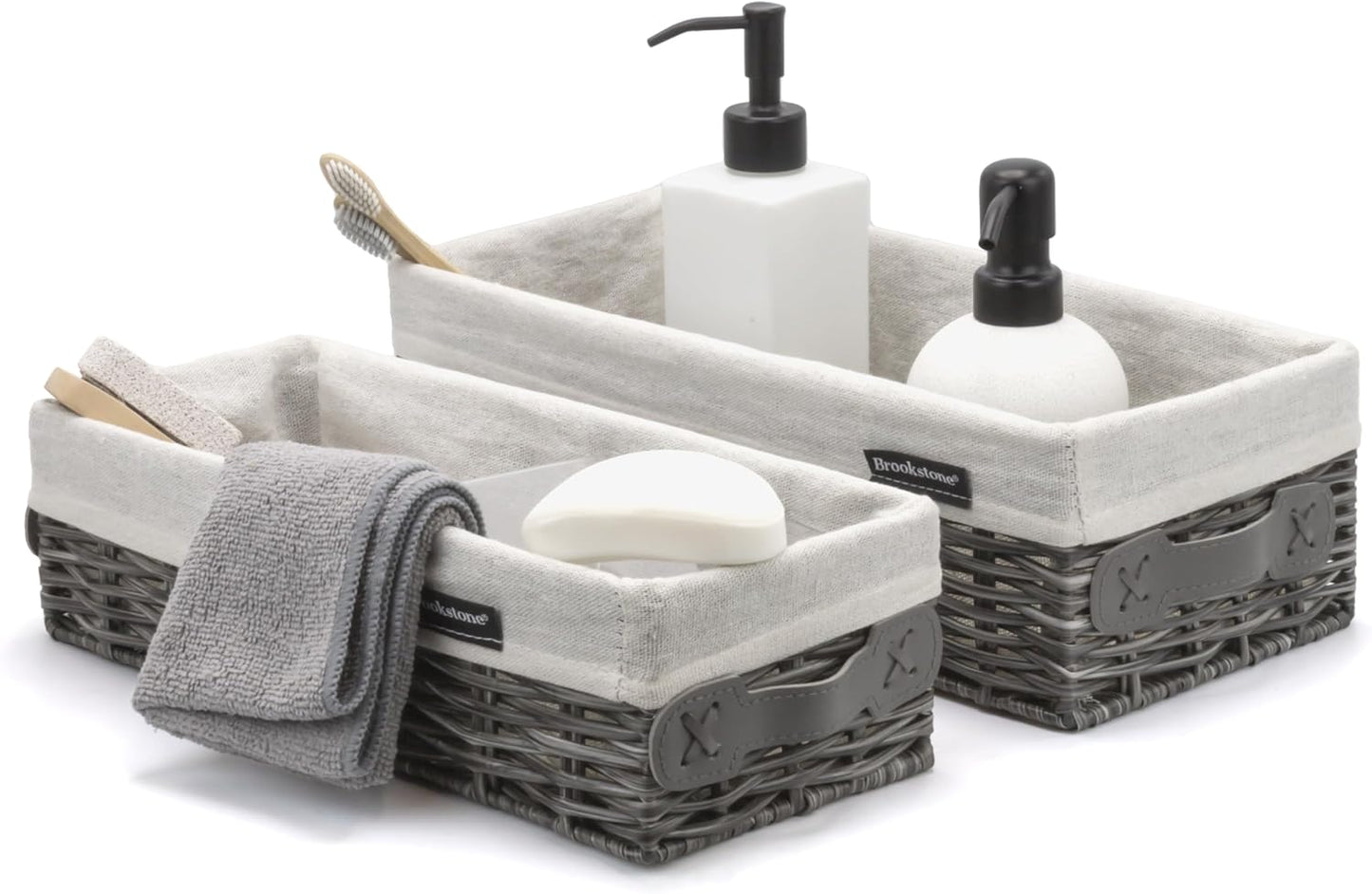 Wicker Shelf Storage Basket Decorative Shelf Bin / Grey Two Pack with Handles