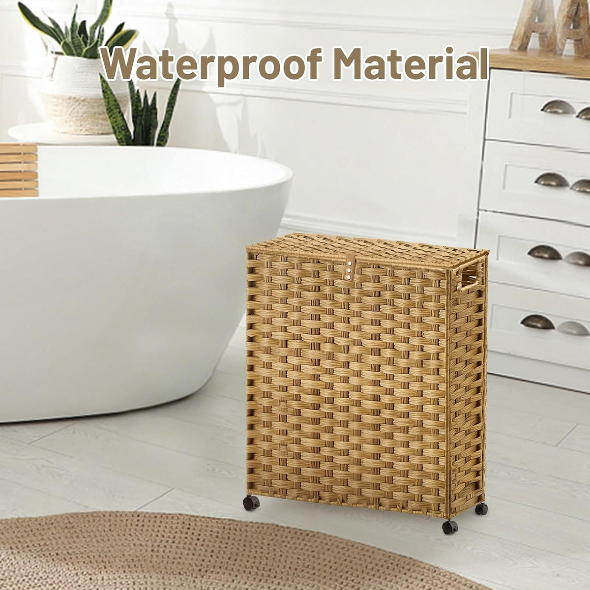 Hiagnete Toilet Paper Storage Basket with Lid and Wheels, Rattan Toilet Paper Holder Storage, Toilet Paper Organizer