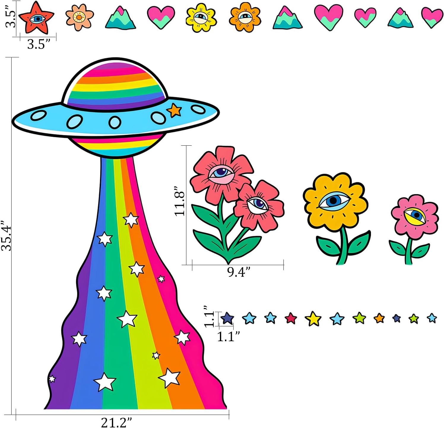 Trippy UFO Rainbow Eye Flower Peel and Stick Vinyl Wall Decals Decor Art