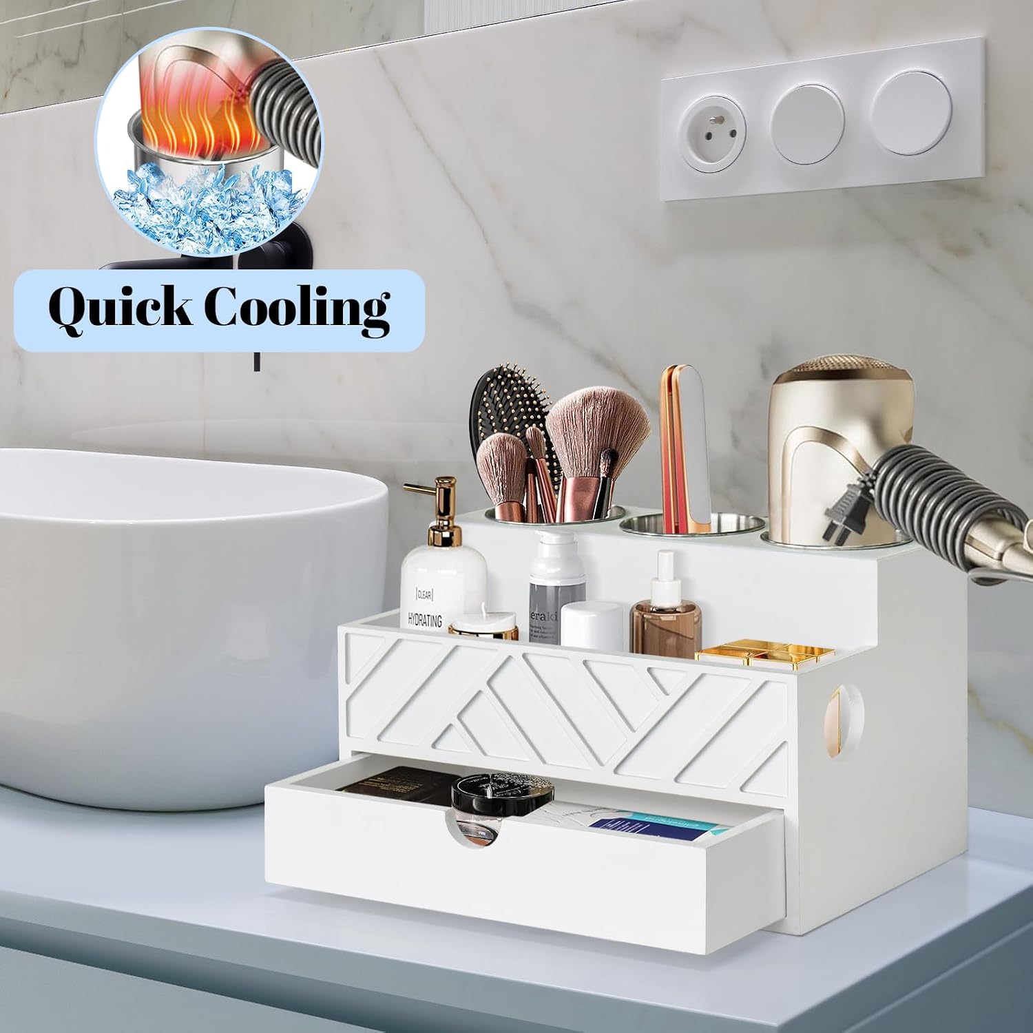 Hair Tool Organizer, Hair Dryer Holder with Drawer, Bathroom Countertop Organizer for Bathroom Accessories, Blow Dryer