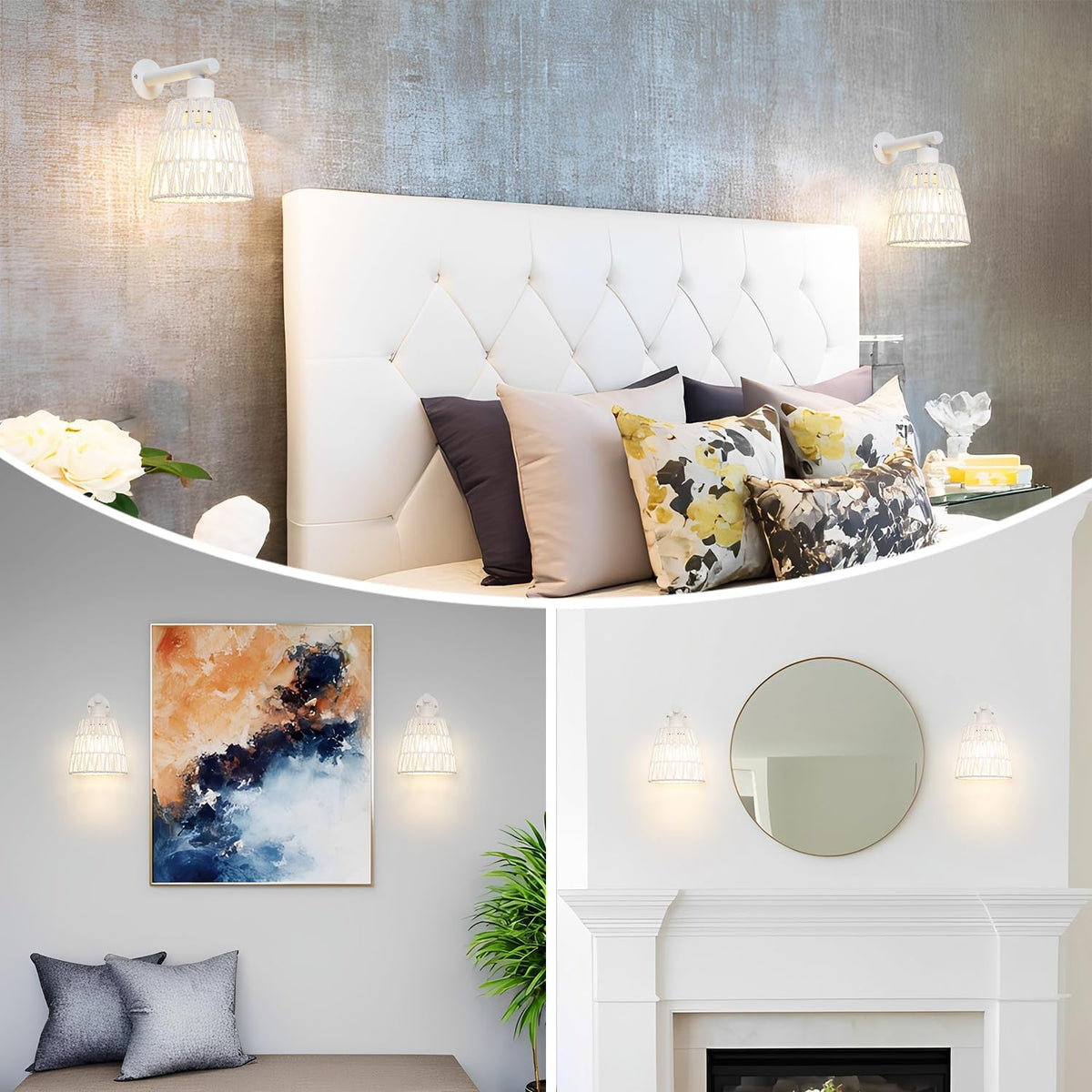 White Battery Operated Wall Sconce Set of 2, Boho Rattan Rechargeable Wall Lights with Dimmable Bulbs and Remote,15