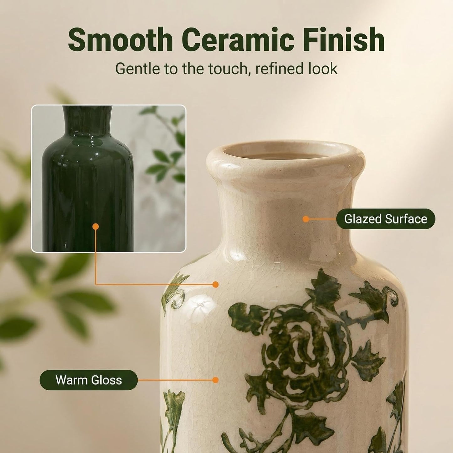 Ceramic Vintage Vase / Green White / Set of 3