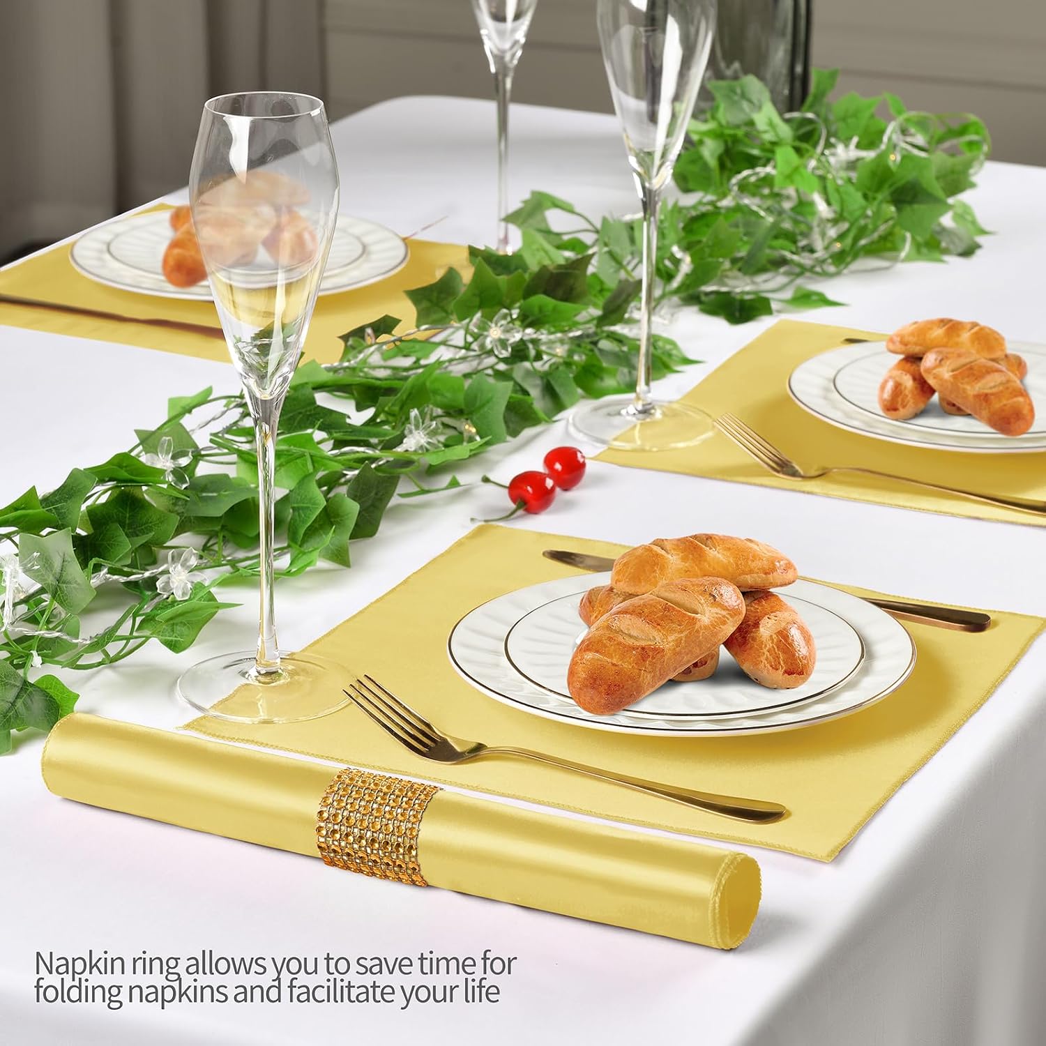 Gold Satin Napkins & Napkin Rings Set, 100 Pack, 12x12 Inch | Set of 50 Napkins, Silky Soft Cloth, Square Satin Dinner