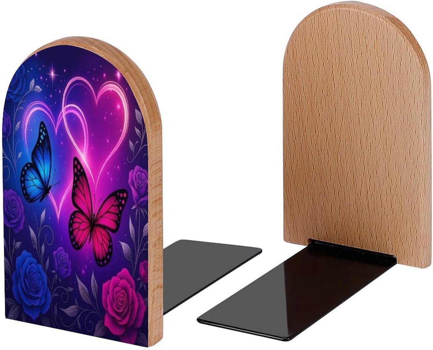 Fantasy Book Ends Decorative Wood Bookends / Butterflies Rose Hearts / 5 x 3.1