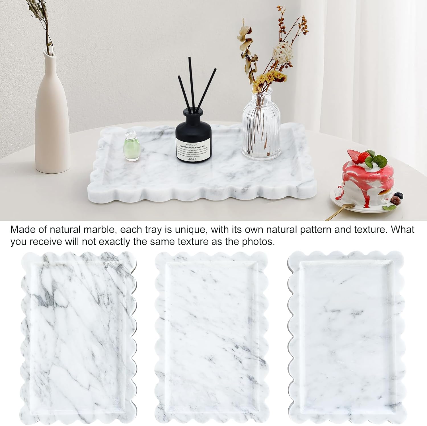 Real Natural Scalloped Marble Tray / White / 12 x 8 x 0.7