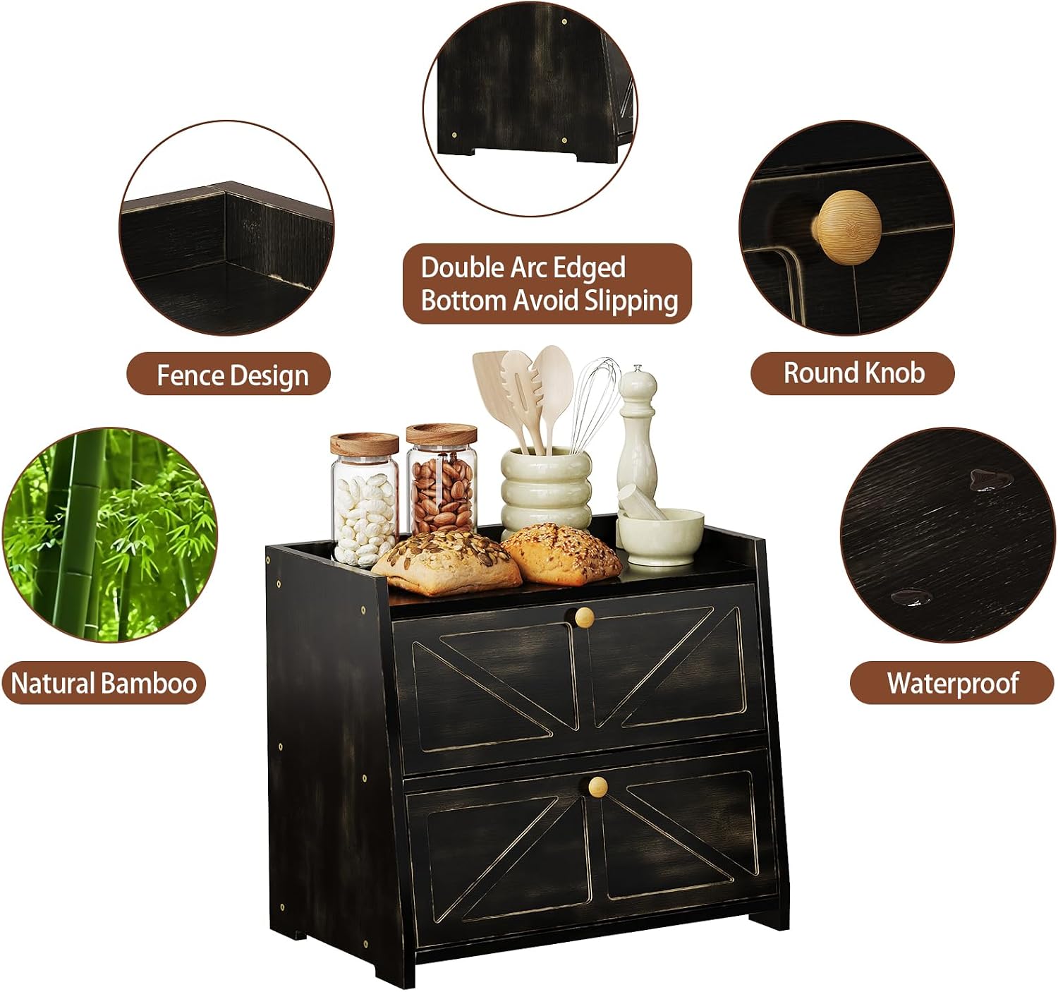Trironsun Vintage Double Layer Bread Box for Kitchen Counter Bamboo Bread Storage Container Large Capacity Bread