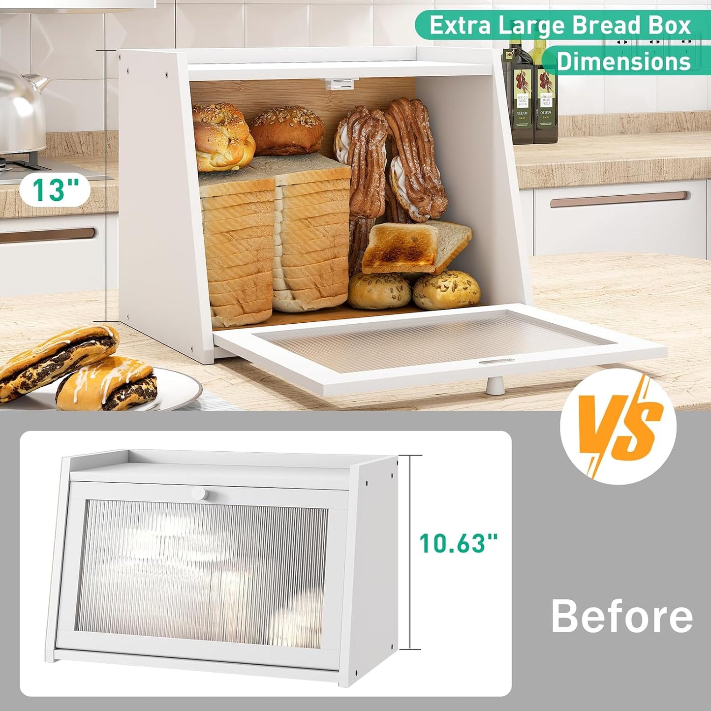 kiplant Large Bread Box for Kitchen Counter, White Bamboo Bread Storage Container with Wavy Arcylic Transparent Door