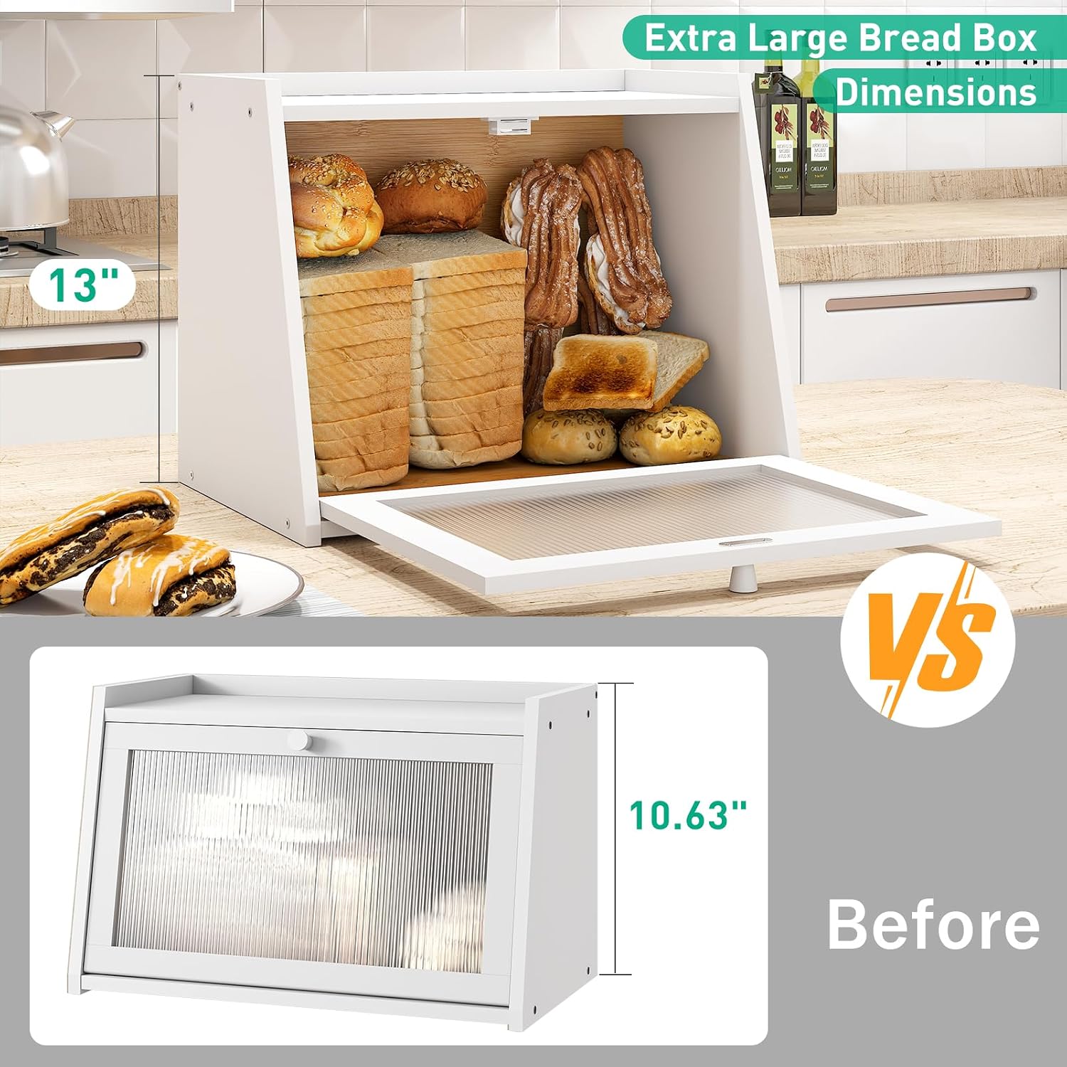 kiplant Large Bread Box for Kitchen Counter, White Bamboo Bread Storage Container with Wavy Arcylic Transparent Door