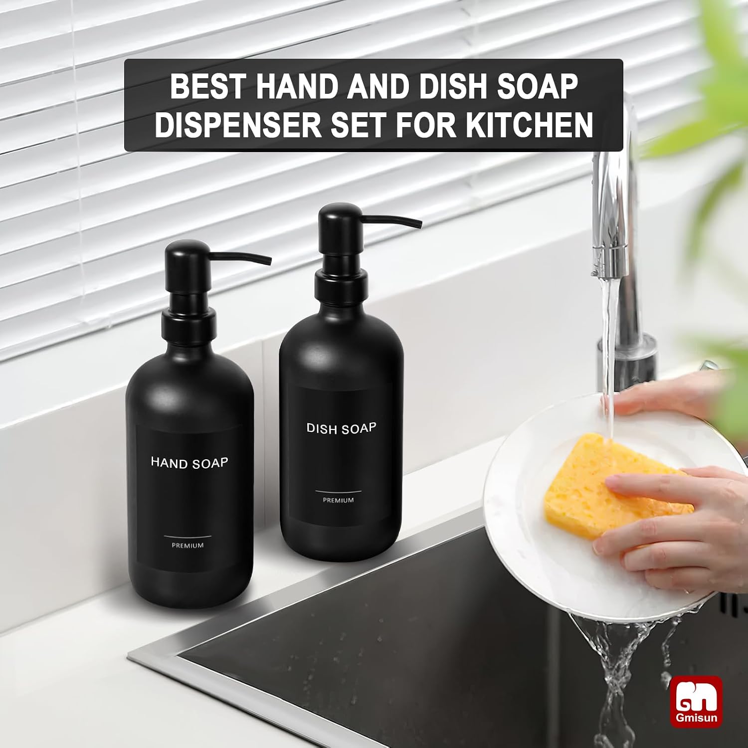GMISUN Black Soap Dispenser, 2 Pack Matte Black Hand Soap Dispensers Bathroom with Stainless Steel Pump, 17 Fl Oz Glass