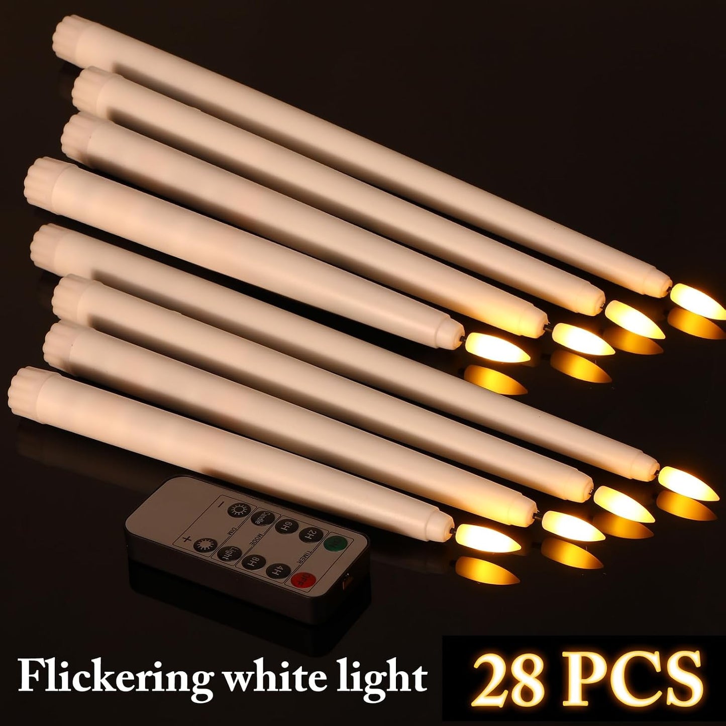 Rossesay 28 Pcs Flameless Taper Candles with Timer Remote 4 Sizes of 8.5", 9.6", 10.83", 12.8" LED Flickering Taper