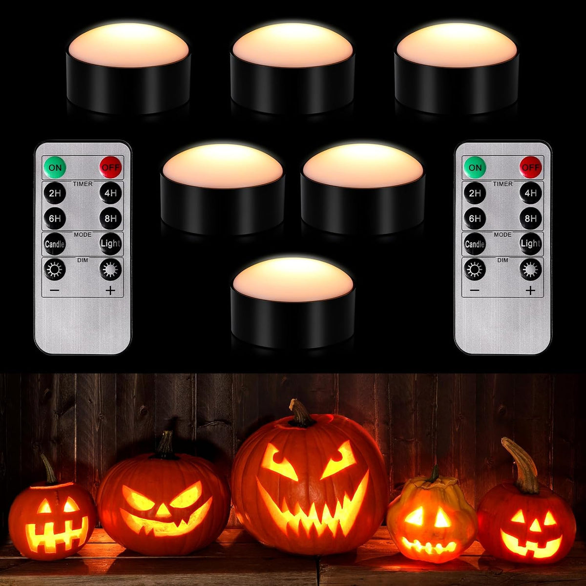 Riakrum 6 Pack Halloween Pumpkin LED Lights, Black,Warm Light