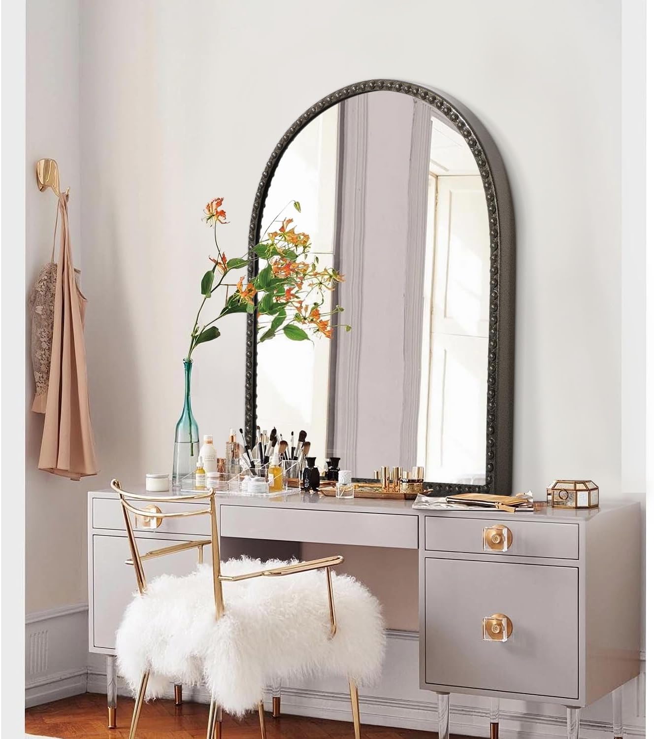 Metal Beaded Frame Decor Mirror for Vanity Accent / 30"L x 20"W / Brass / 30 x 20