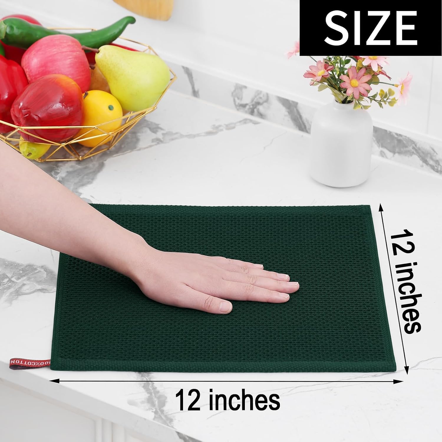 Homaxy 100% Cotton Waffle Weave Kitchen Dish Cloths 8-Pack, Blackish Green | 12 x 12 Inches, Ultra Soft Absorbent Dish