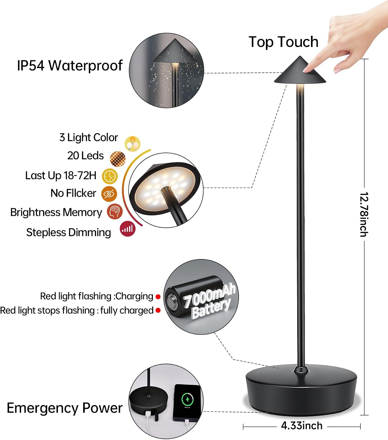 Cordless Led Table Desk Lamp 2 Pack, 7000mAh Battery Outdoor Table Light Waterproof for Restaurant Patio Camping Home