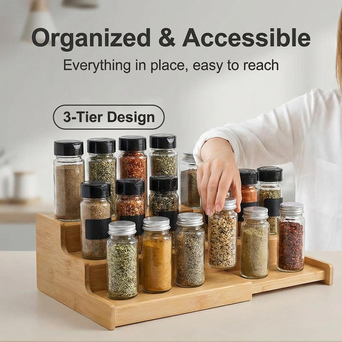 JinDoWin Spice Rack Organizer for Cabinets,Countertop & Pantries,2 Pack | Expandable design, 3-Tier stepped bamboo