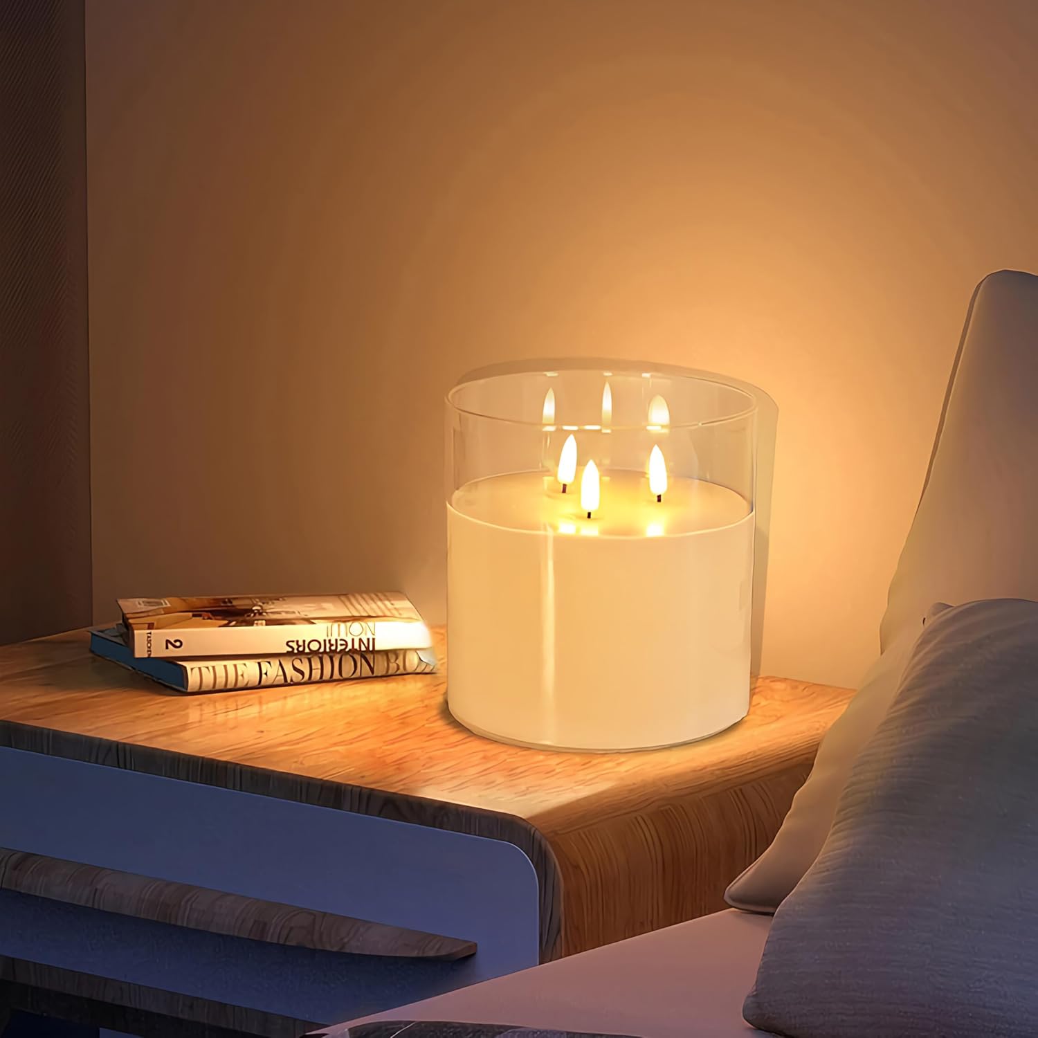 NICEME Extra Large 3 Wick Battery Operated Candle, 6"x6" Big Clear Glass Flameless Candles with Remote, Real Wax
