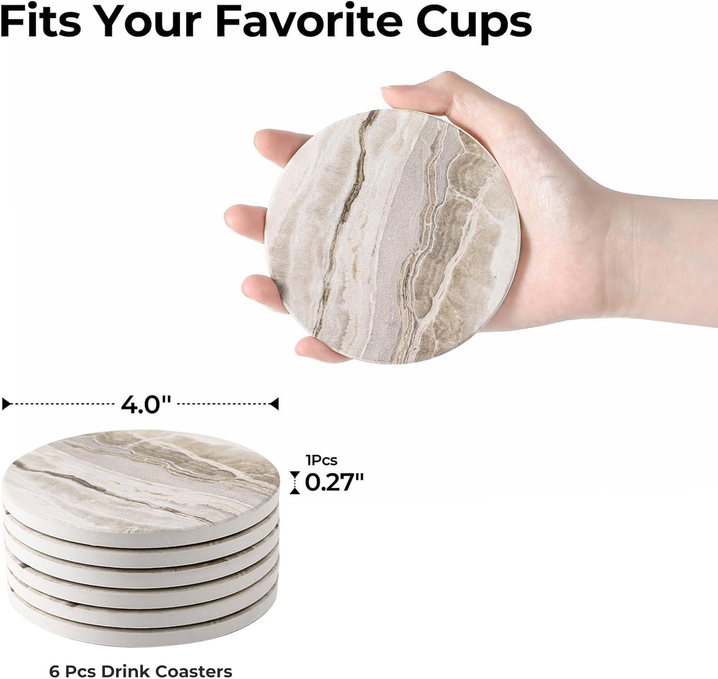 Marble Style Ceramic Stone Coaster for Drink Tabletop Protection / Beige Marble / Set of 6
