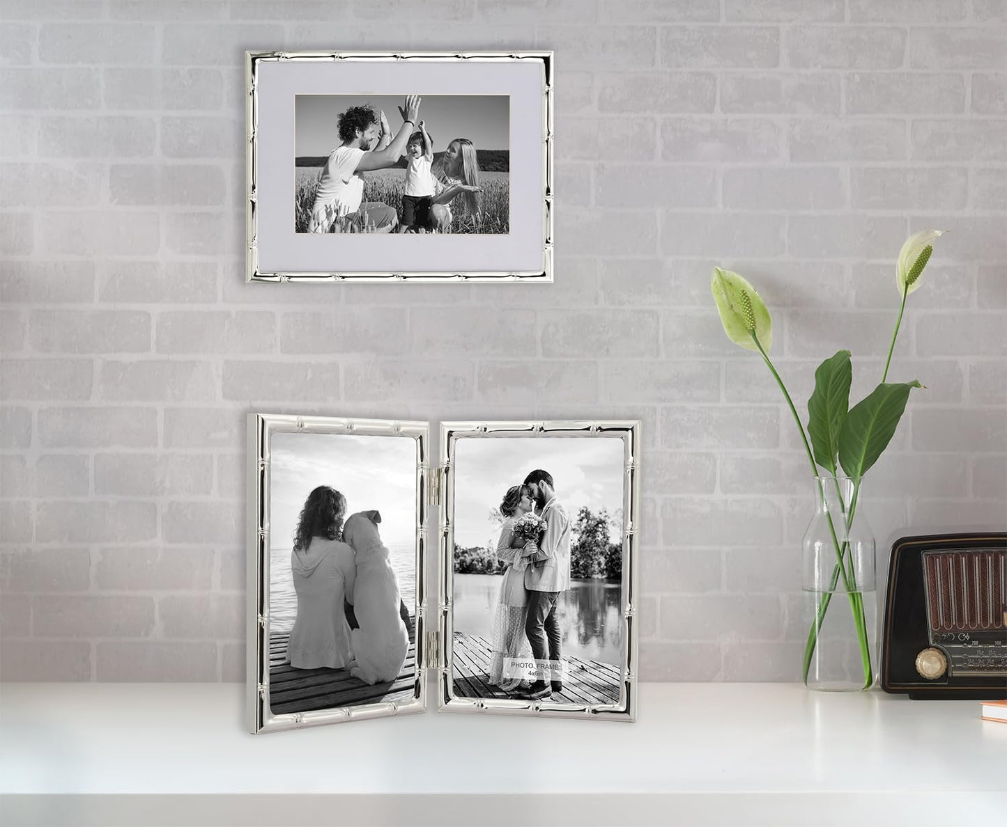 YiPinYin Silver 5x7'' Bamboo Detail Double Metal Picture Frame,Elegant Elegant Narrow Profile Silver Plated Photo