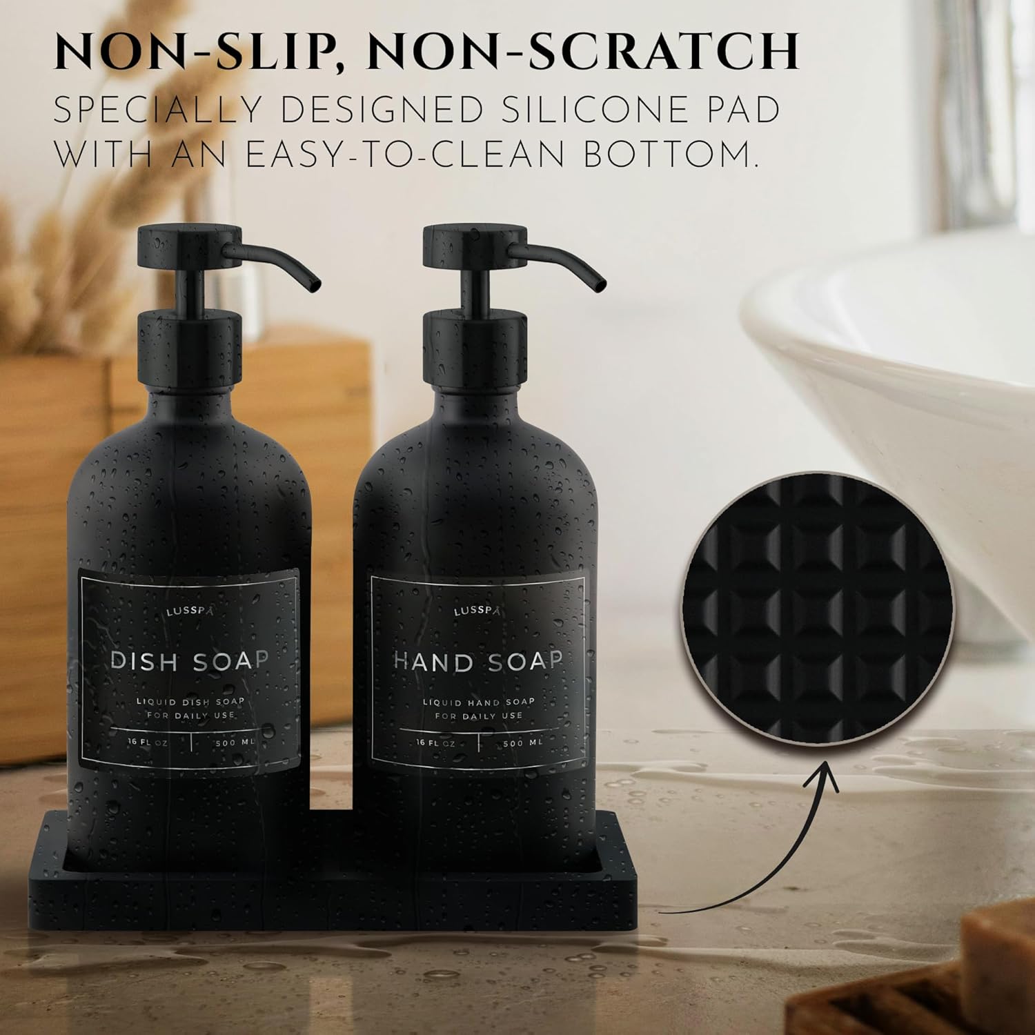 Glass Soap Dispenser Set of 2 (Black) with Silicone Tray | Hand and Dish Soap Dispenser for Kitchen and Bathroom | 16.8