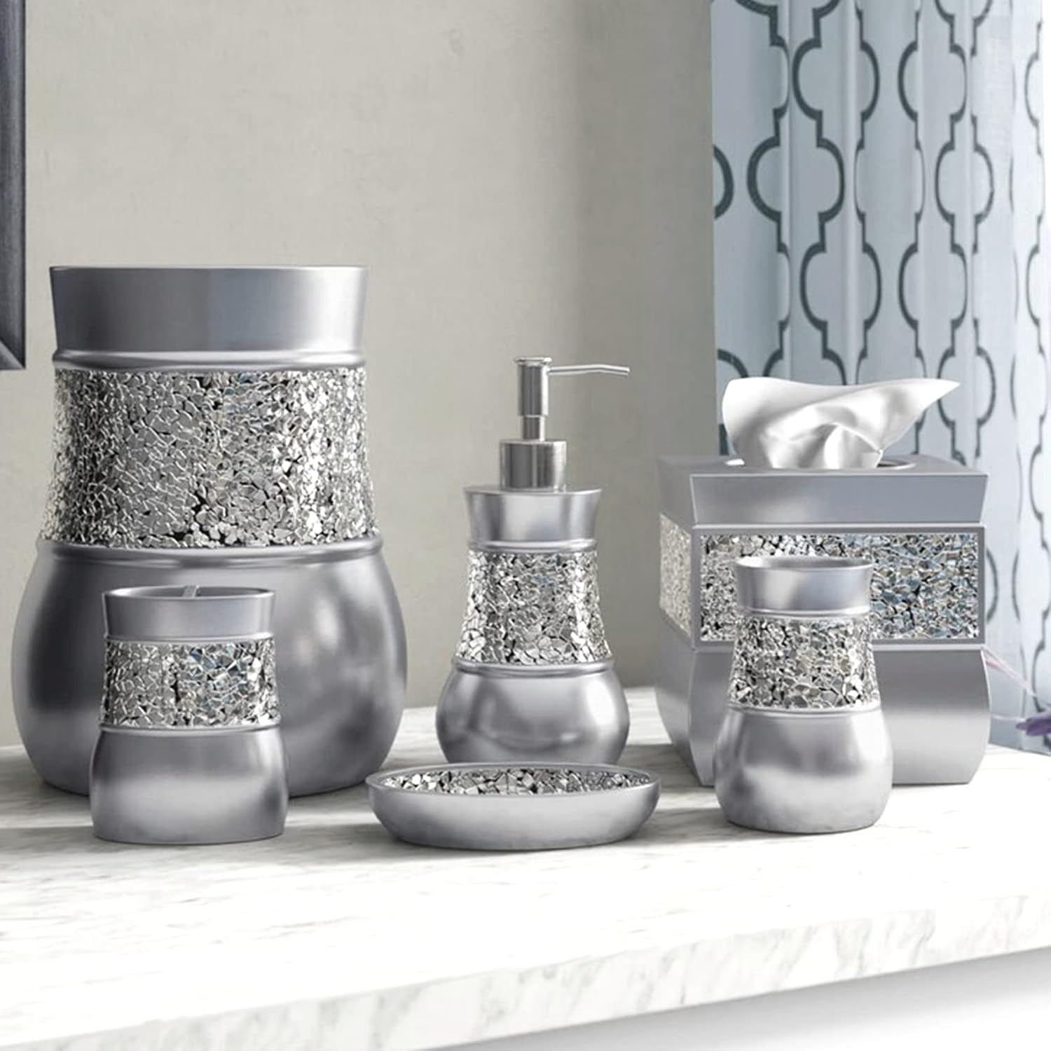 Creative Scents Crackled Glass Silver Small Bathroom Trash Can 2.06 Gal / 7.8L – Decorative Waste Basket for Bathroom