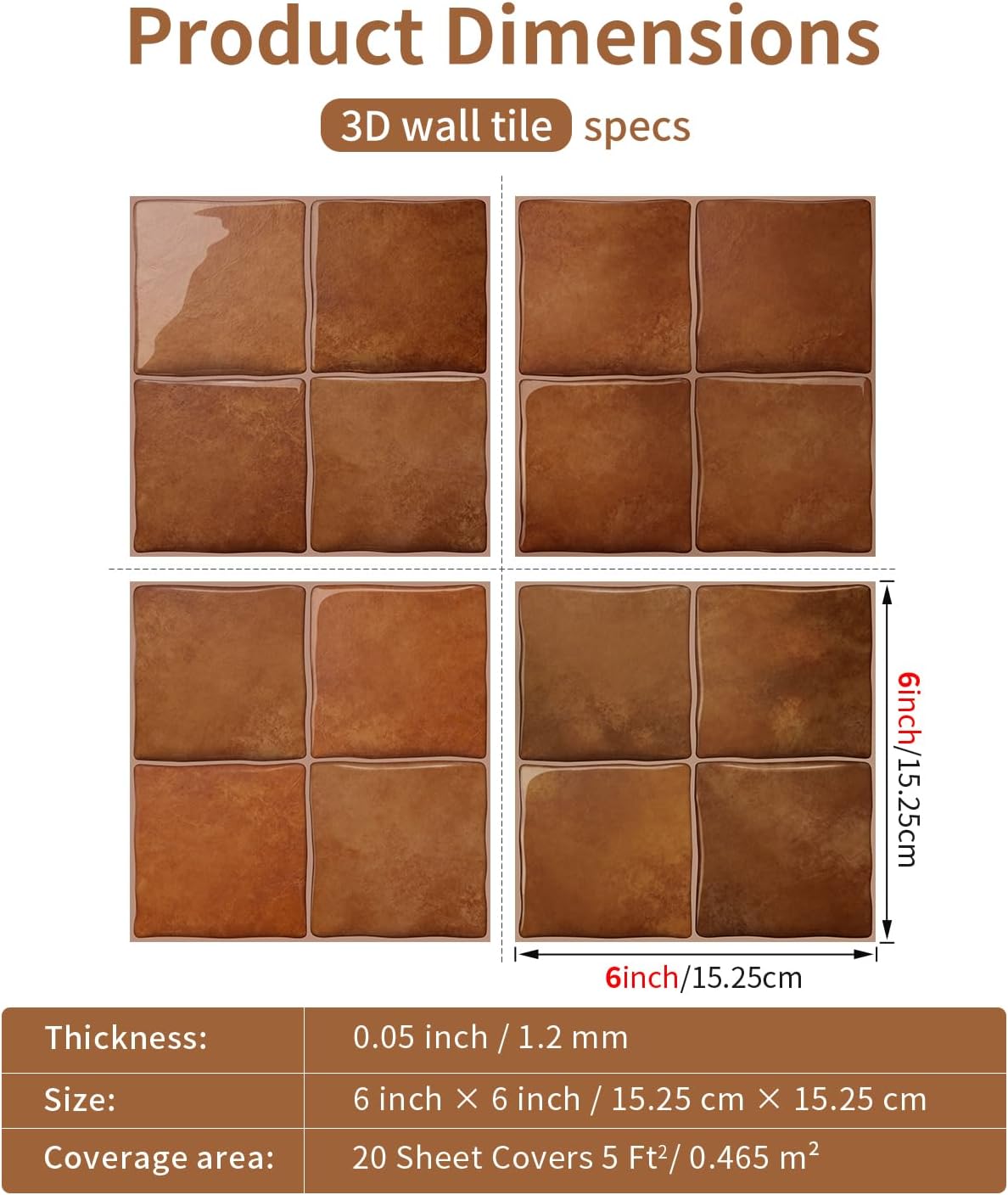 Peel and Stick Backsplash Wall Tiles / Brown / 6 x 6 / Set of 20