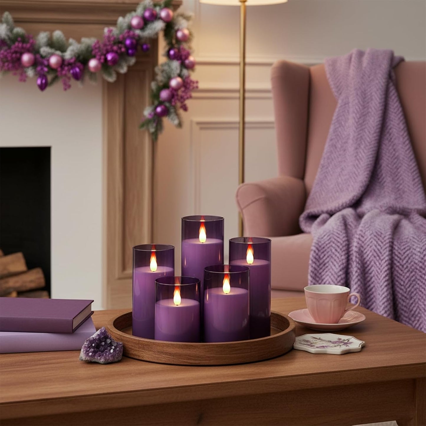Homemory Purple Flickering Flameless Candles, Battery Operated Acrylic LED Pillar Candles with Remote Control and