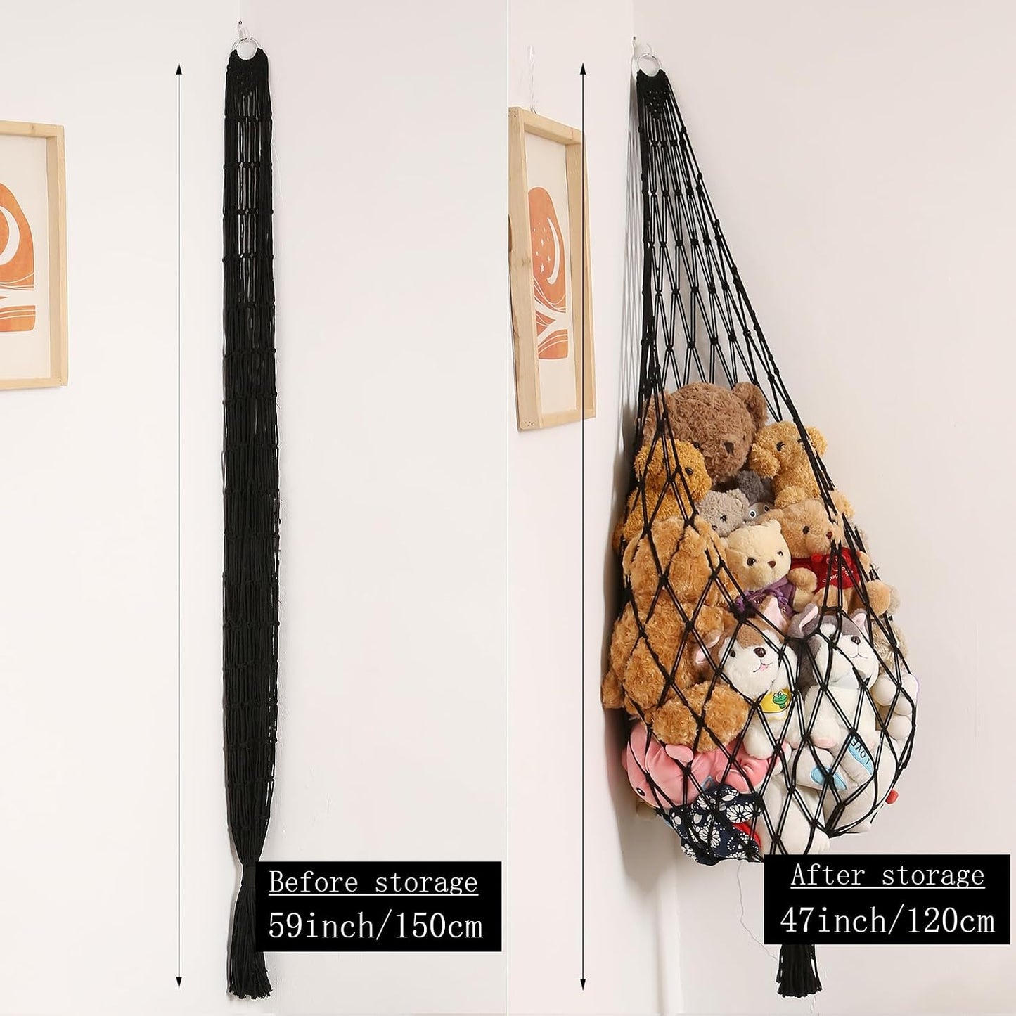Stuffed Animal Hammock Corner Hanging Net for Stuffy Animal Storage Macrame Toy Display / Black / L
