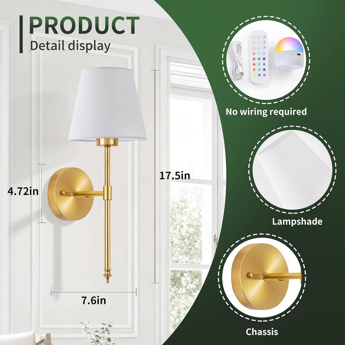 Battery Operated Wall Sconces Set of 2, Wireless Battery Wall Light | with 5200mAh Dimmable Bulbs with Remote,RGB15