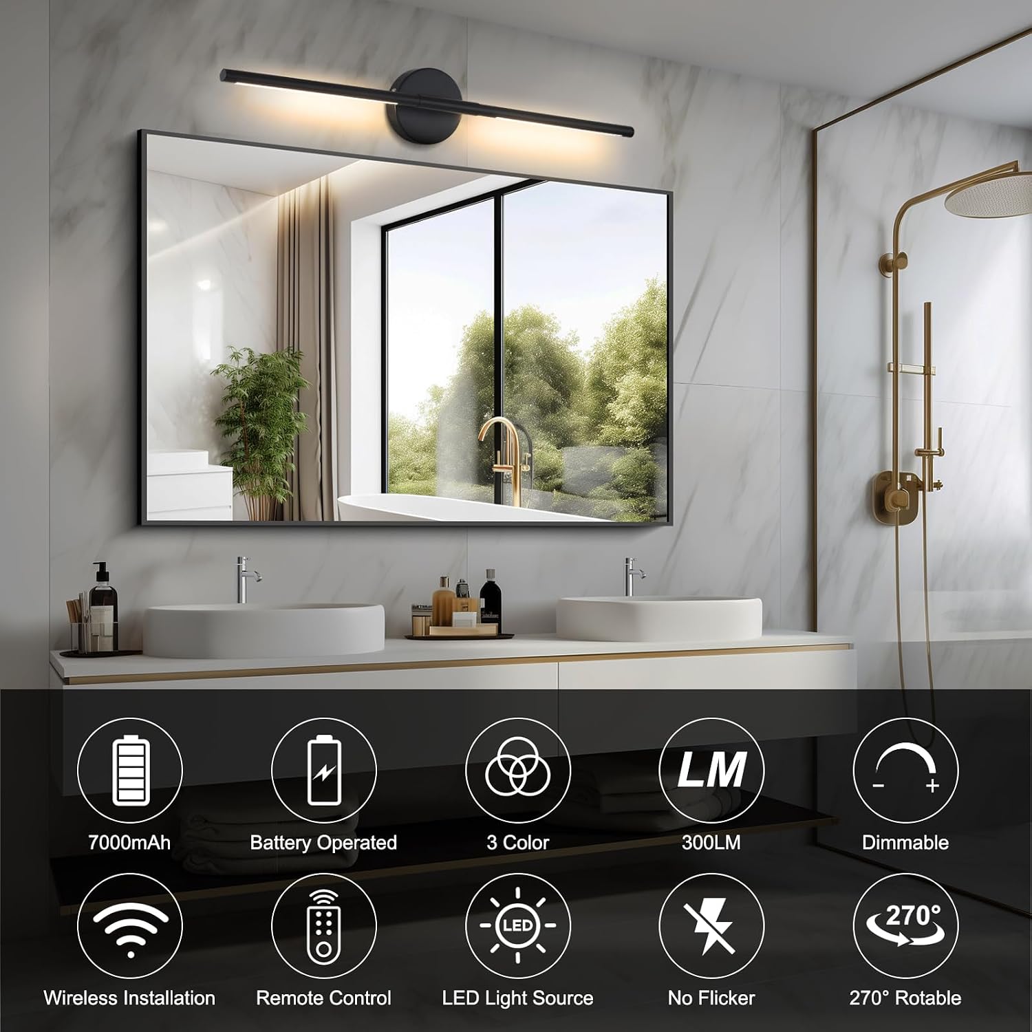 Wireless Battery Operated Wall Sconces with Remote, Black Rechargeable Led Wall Lights Set of Two, Cordless Dimmable