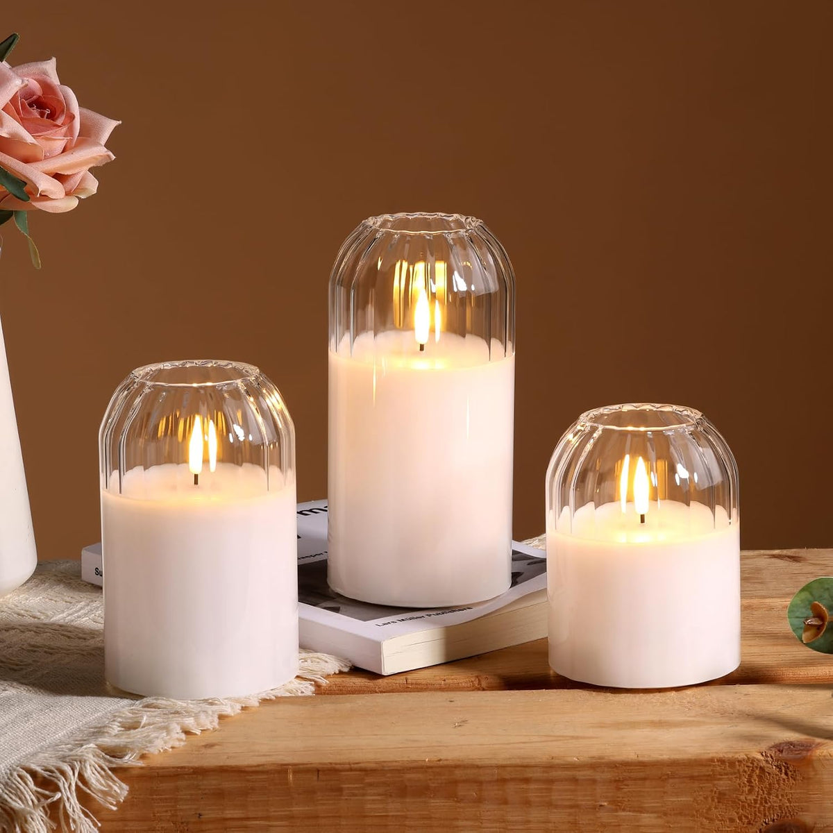 Clear Glass Flameless Pillar Candles with Remote Timer Set of 3 | Flickering LED Candles, Home Shelf Table Accent