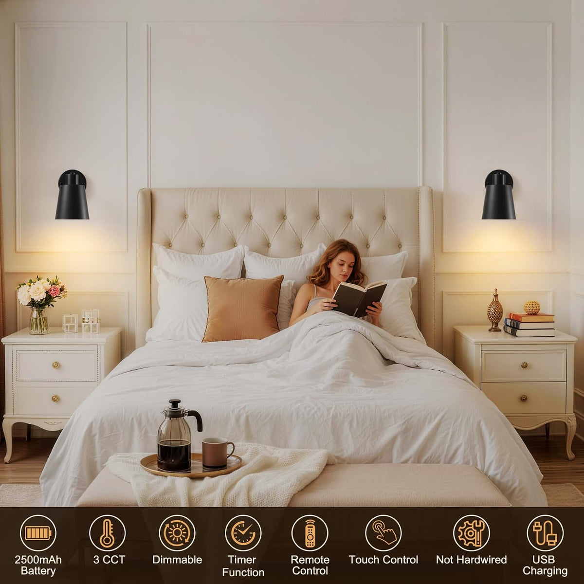 Black Battery Operated Wall Sconces Set of Two with Remote, Rechargeable Battery Powered Wall Lights, 3 Color