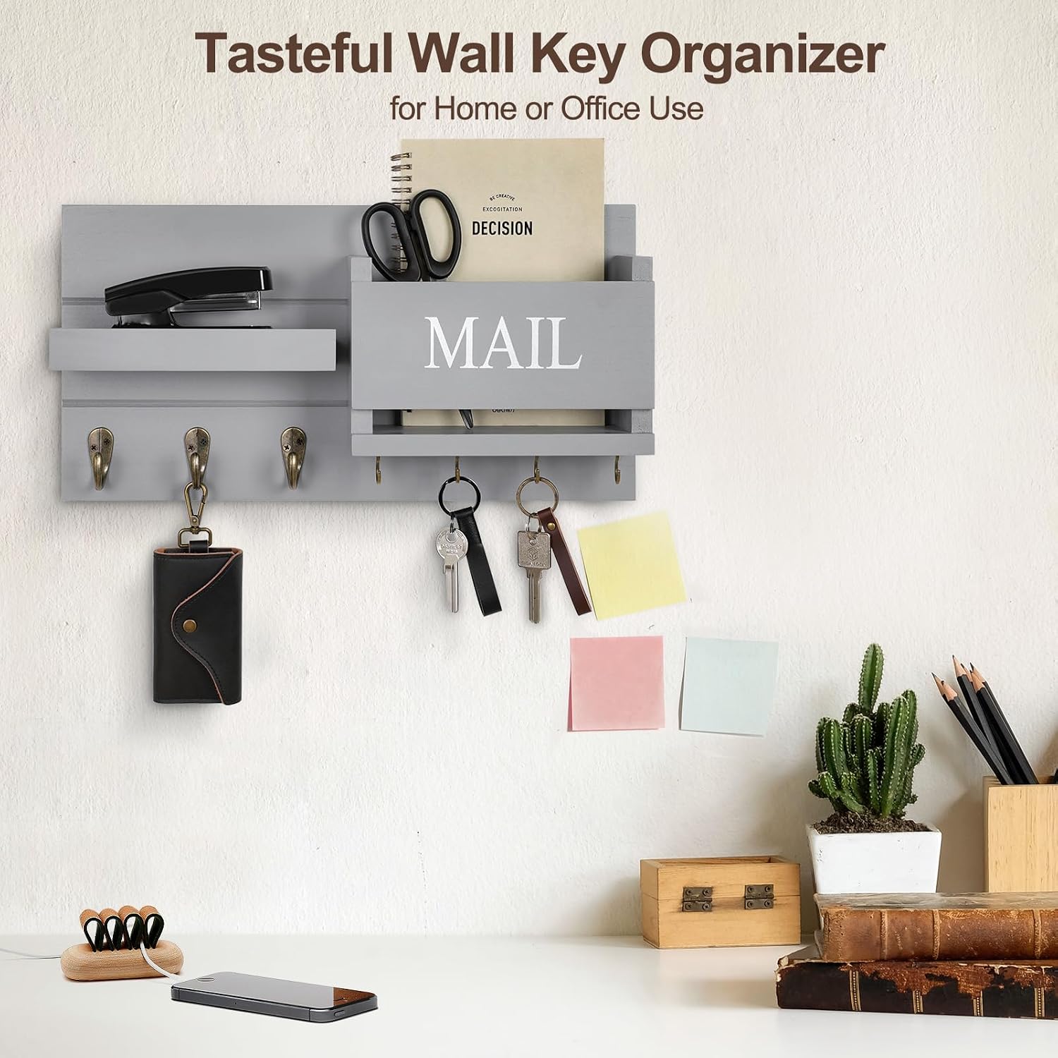 Shelf Includes Letter Holder and Hooks for Hallway Farmhouse / Gray