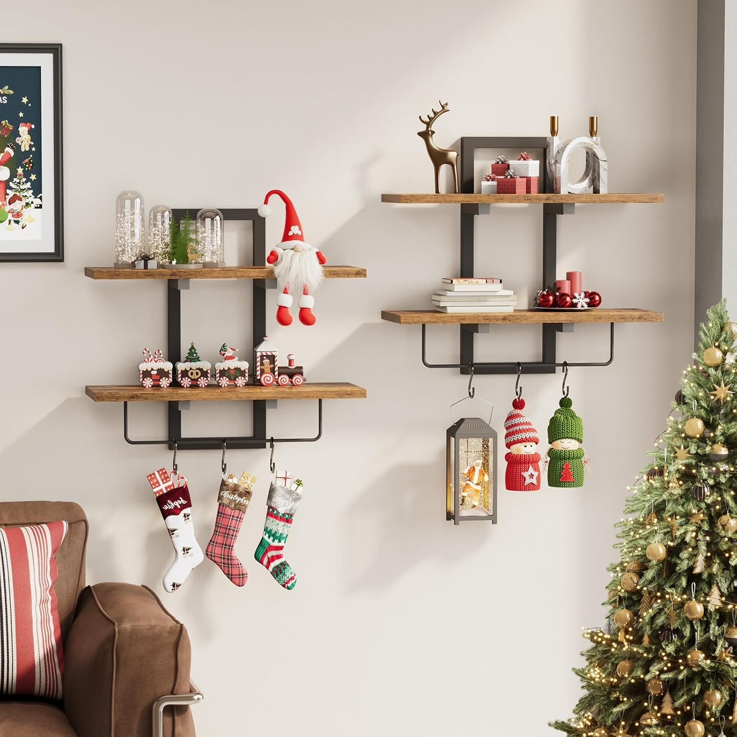 Floating Shelves / 6 Hooks / Rustic Brown + Black / Set of 2