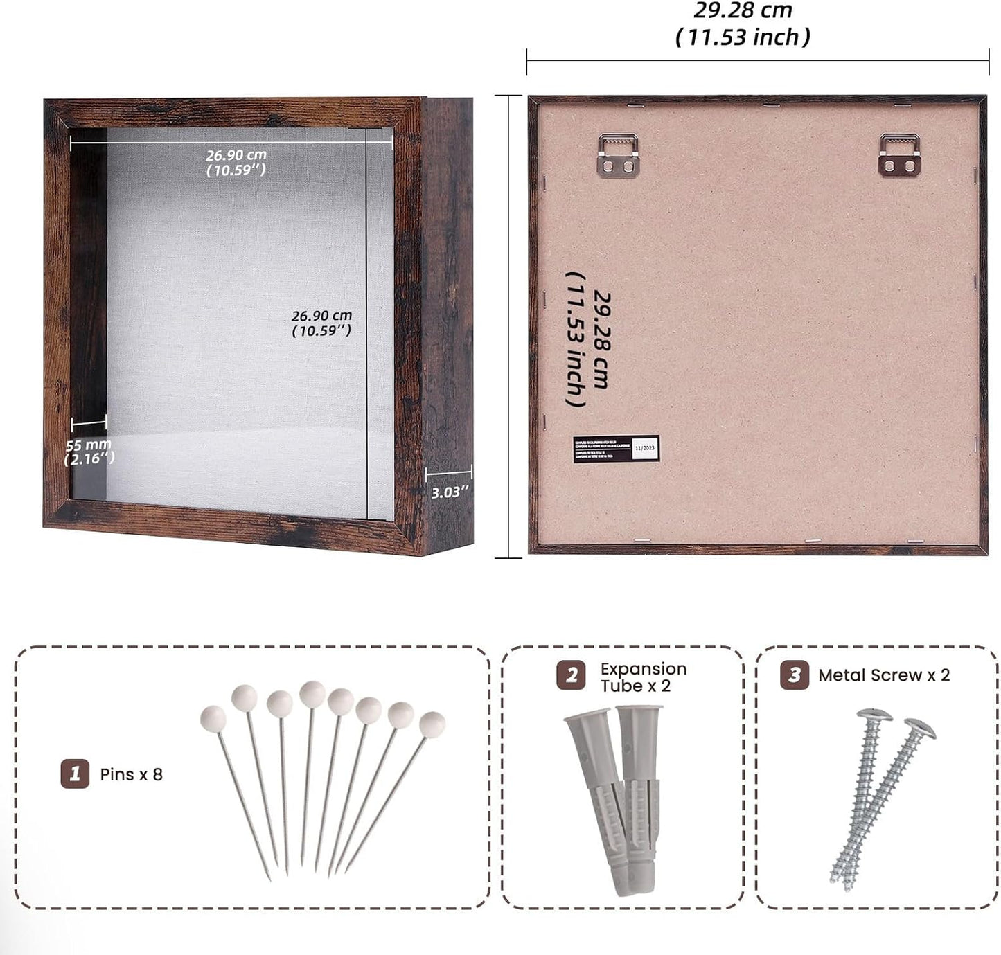 Muzilife 11x11 Shadow Box Picture Frame, 2.16 Deep, Real Glass, Honey Brown | FSC-Wood, Magnetic Door, Linen Interior &