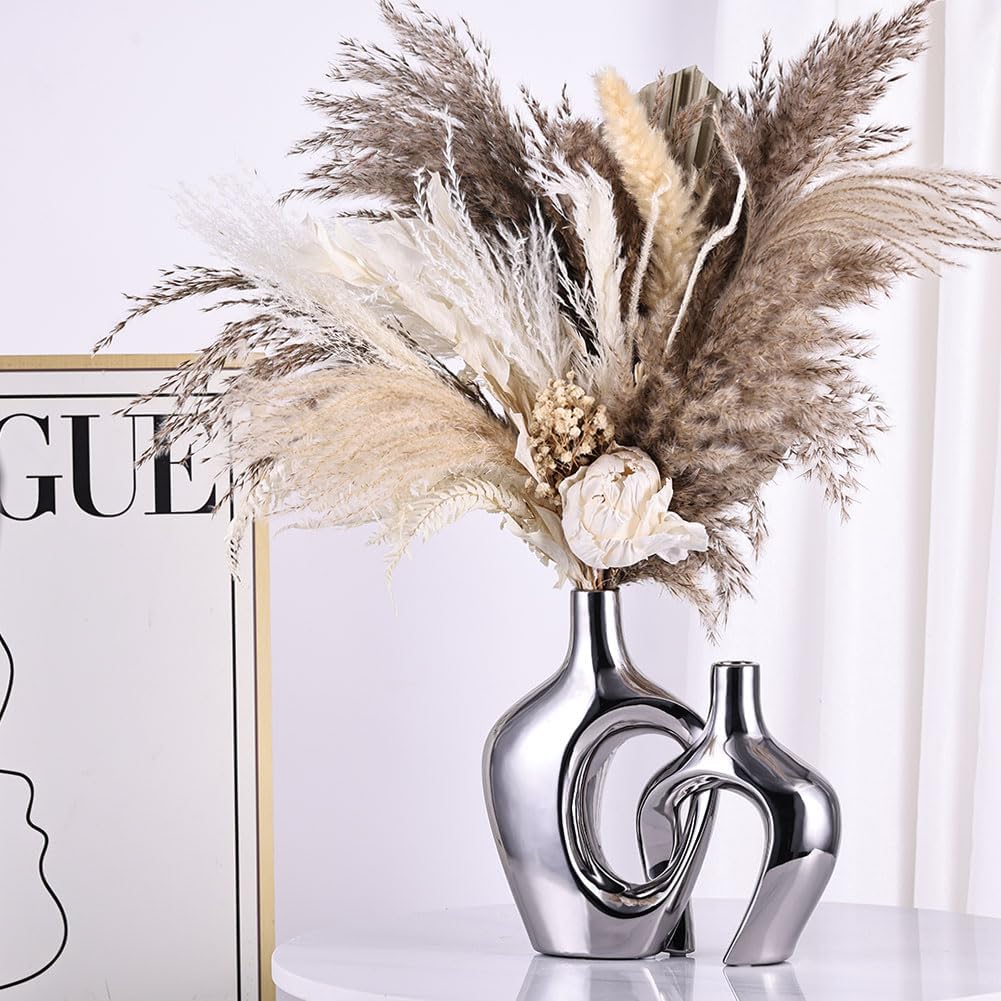 Hollow Ceramic Vases / Silver / Set of 2