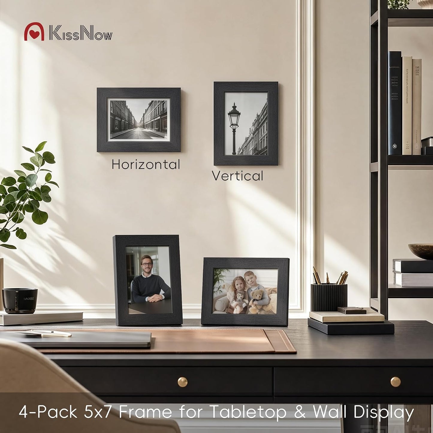 5x7 Picture Frame 4 Pack, Black Solid Wood, Wall or Tabletop | Gallery Wall Set, Thick & Wide Border, Polished