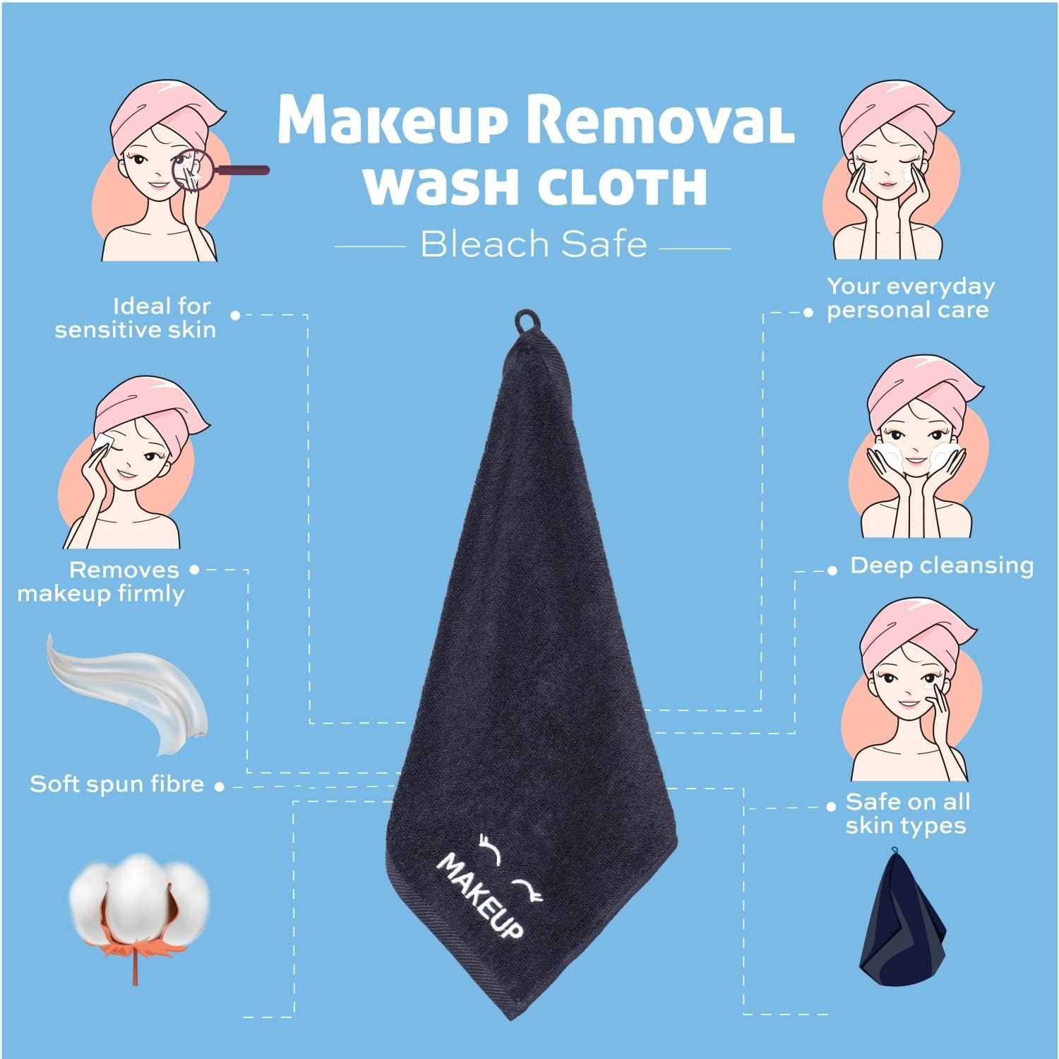 White Classic Bleach Safe Black Makeup Washcloths for Face Cleansing, 12 Pack - Super Soft Luxury Cotton Black Makeup