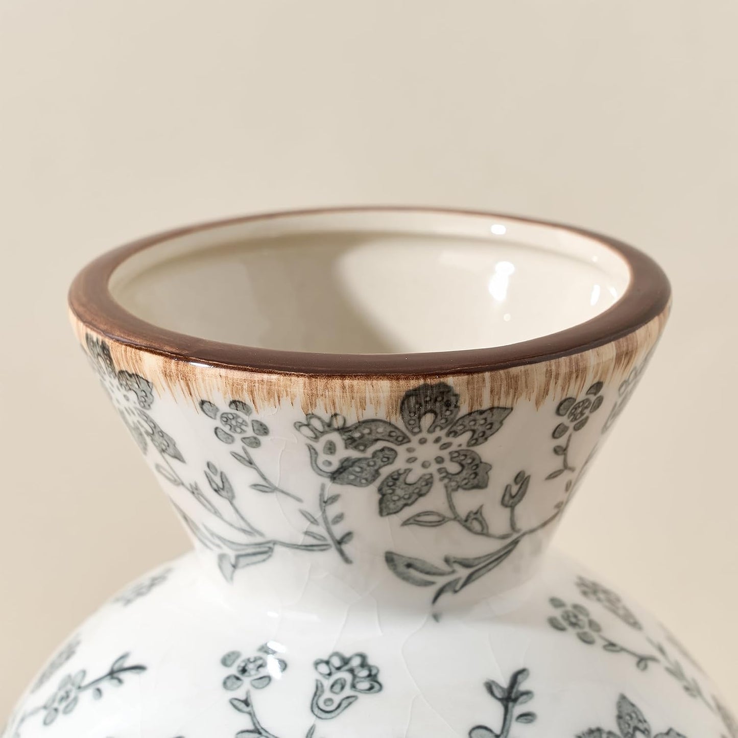 Vintage Rustic Chinoiserie Floral Vase / Gray- 6.61