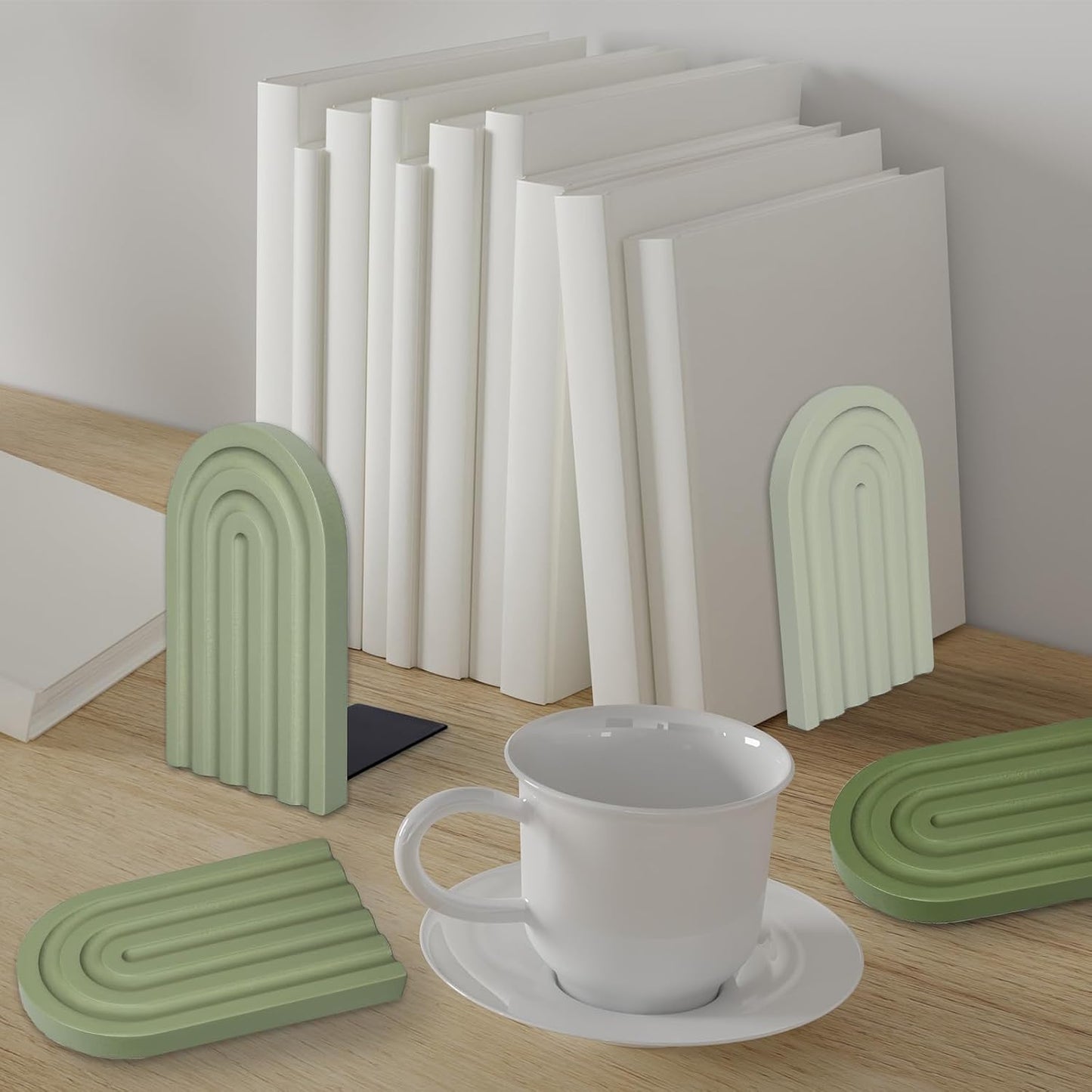 Boho Wooden Arch Bookends Rainbow Non-Skid Book Stoppers Study Decorative / Sage Green / Set of 4