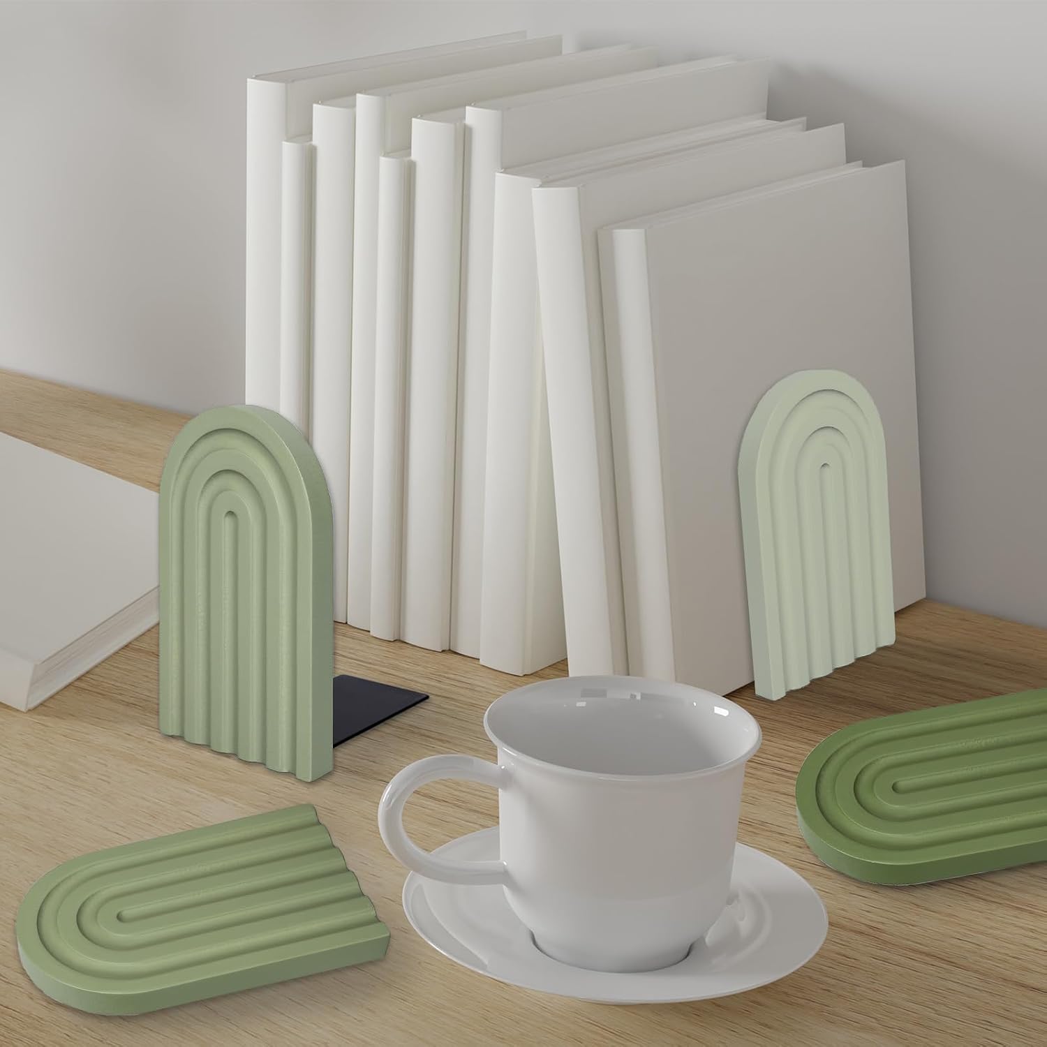 Boho Wooden Arch Bookends Rainbow Non-Skid Book Stoppers Study Decorative / Sage Green / Set of 4