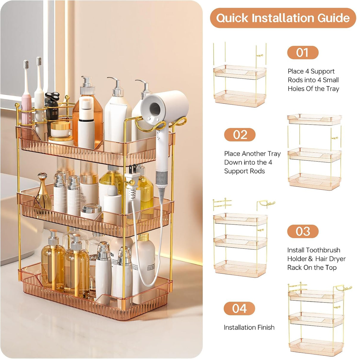 3-Tier Bathroom Countertop Organizer - Amber Acrylic Vanity Trays with Hair Dryer & Toothbrush Holder - Luxury