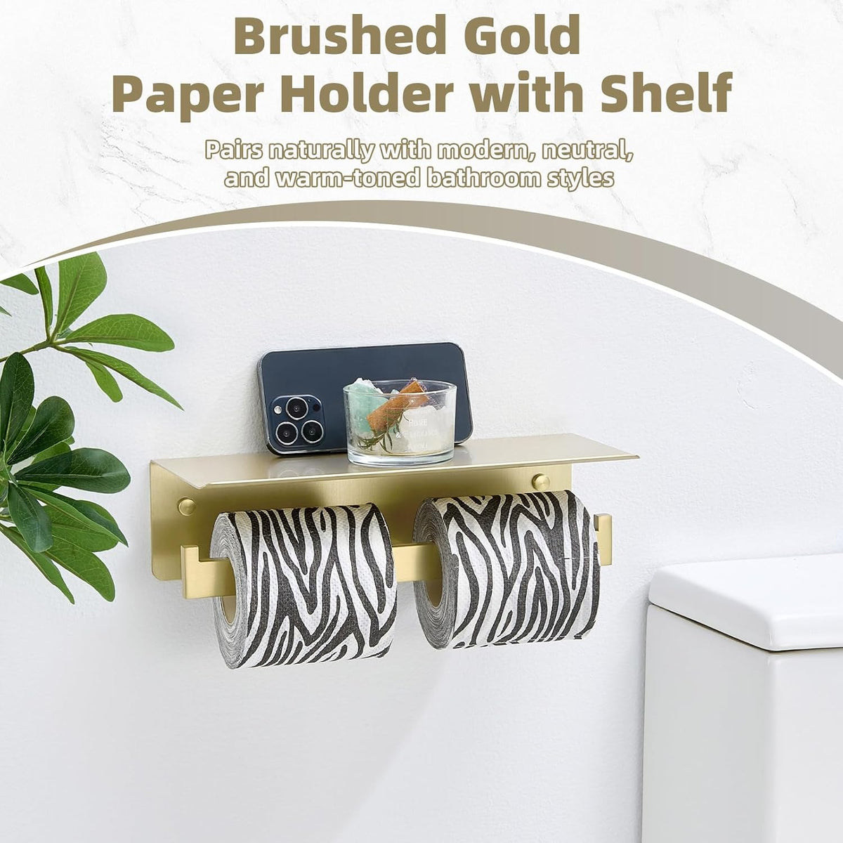 APLusee Brushed Gold Double Toilet Paper Holder with Shelf, 304 Stainless Steel Wall Mount Tissue Roll Holder for