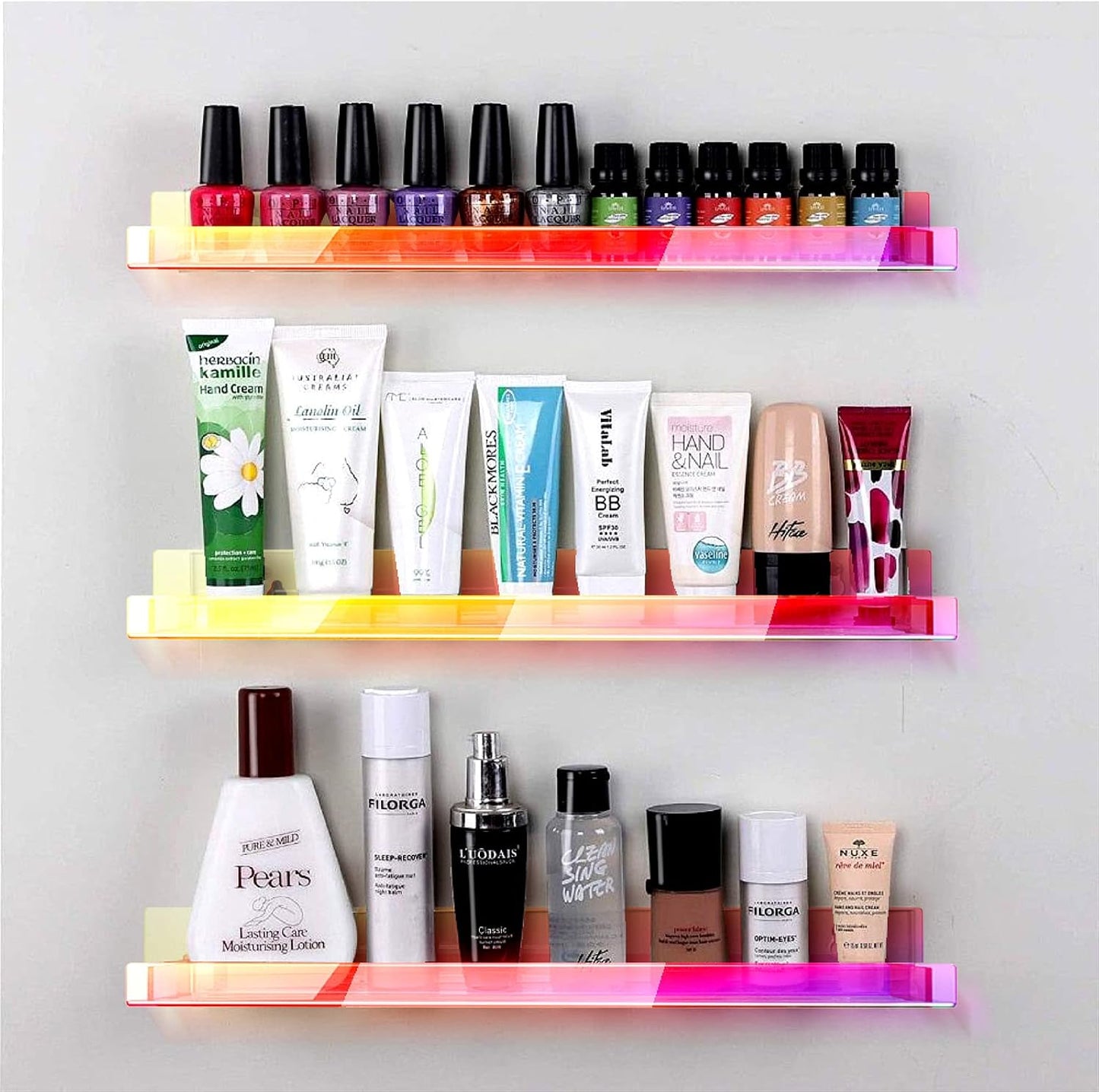 8 Pack 15 Inch Iridescent Acrylic Floating Wall Shelves, Rainbow Shelves | Modern Display Shelf for Sunglasses, Oils