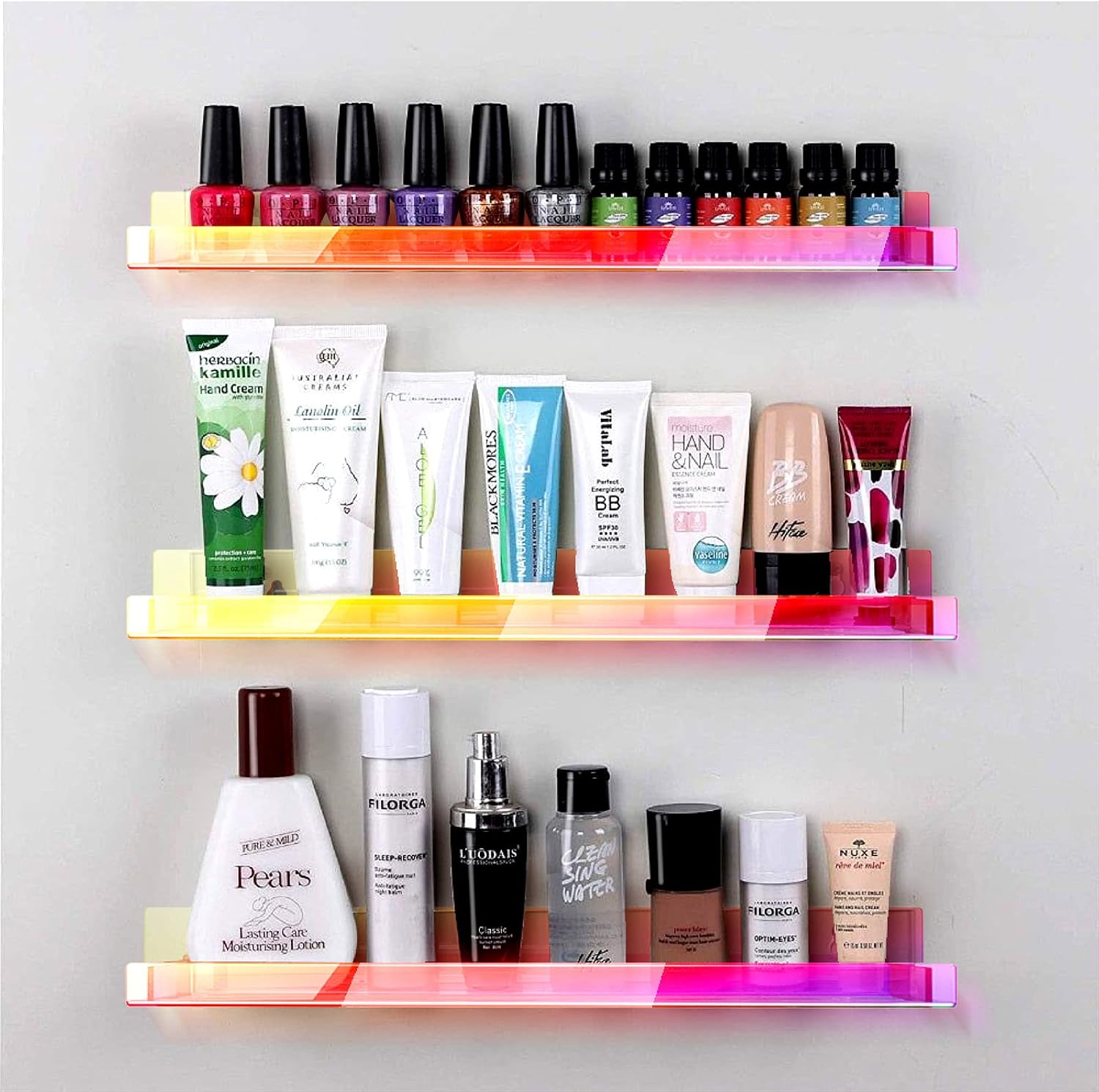 8 Pack 15 Inch Iridescent Acrylic Floating Wall Shelves, Rainbow Shelves | Modern Display Shelf for Sunglasses, Oils